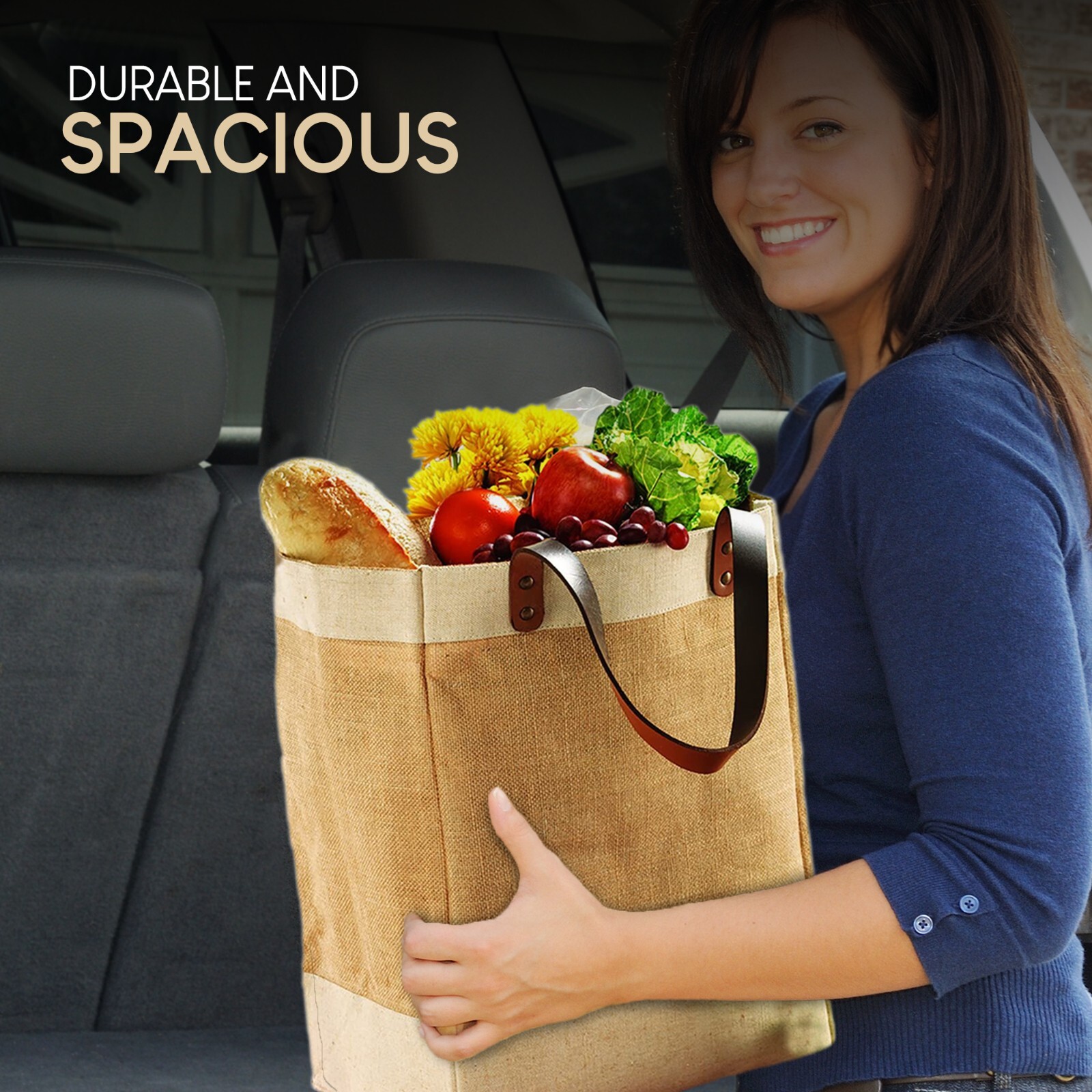 Reusable Jute French Market Tote Burlap Grocery Bags with Faux Leather Straps