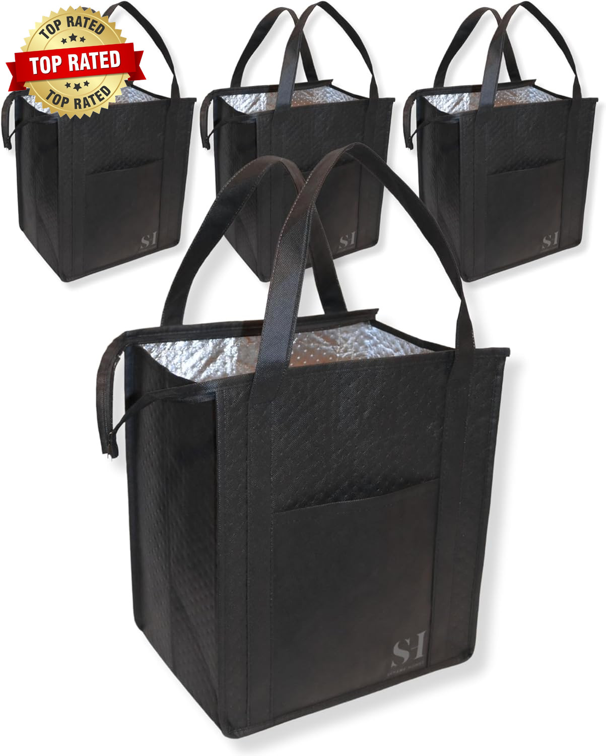 Black Insulated Grocery Bags 4 Pack Reusable Shopping Bags with Zippered Top for