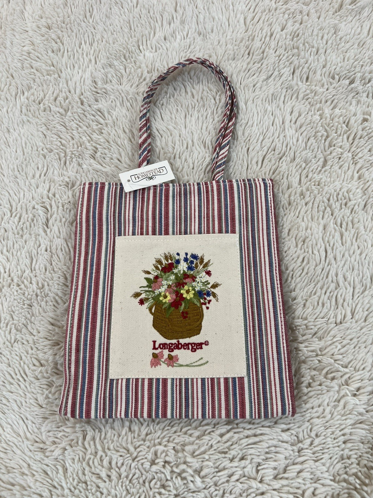 NEW Longaberger Small Canvas Tote Striped Floral Embroidered Red Green Blue Bag