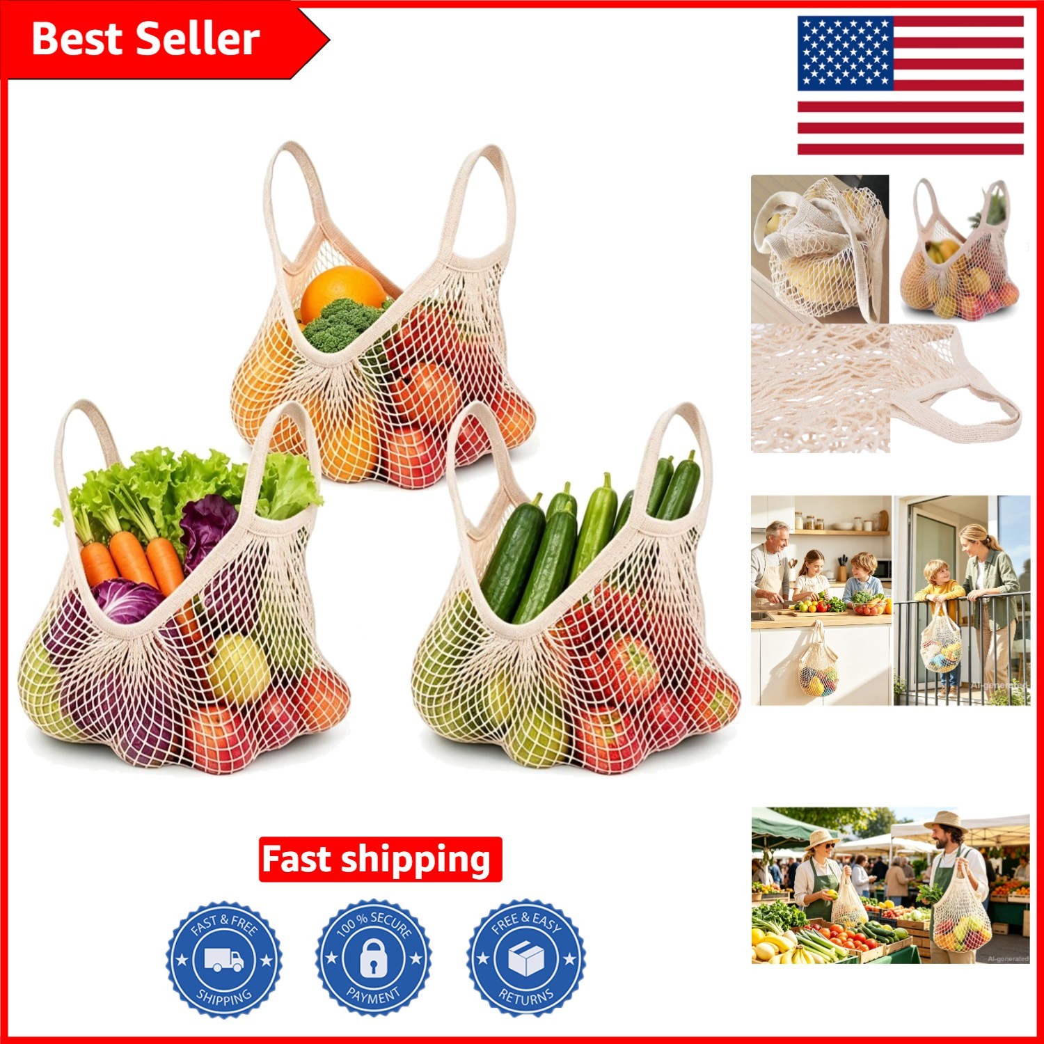 Eco-Friendly Beige Cotton Mesh Grocery Bags – 3 Pack with Drawstring Closure