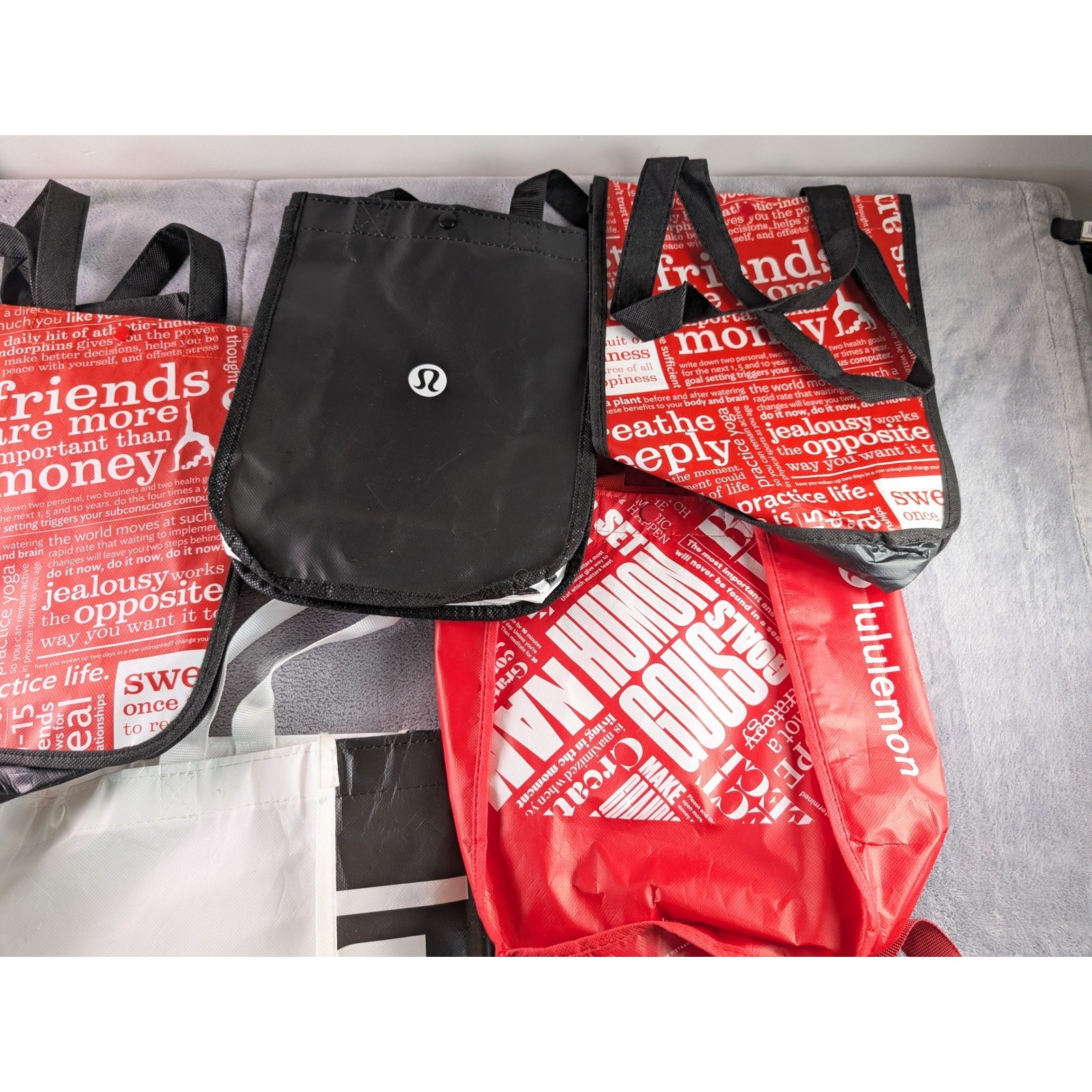 Lululemon Reusable Shopping Tote Bag Lot of 12 Red Black Lime Small Medium Large