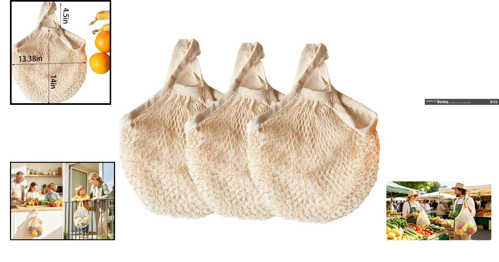 Charming Beige Cotton String Grocery Bags – Retro Set of 3, Space-Saving Design
