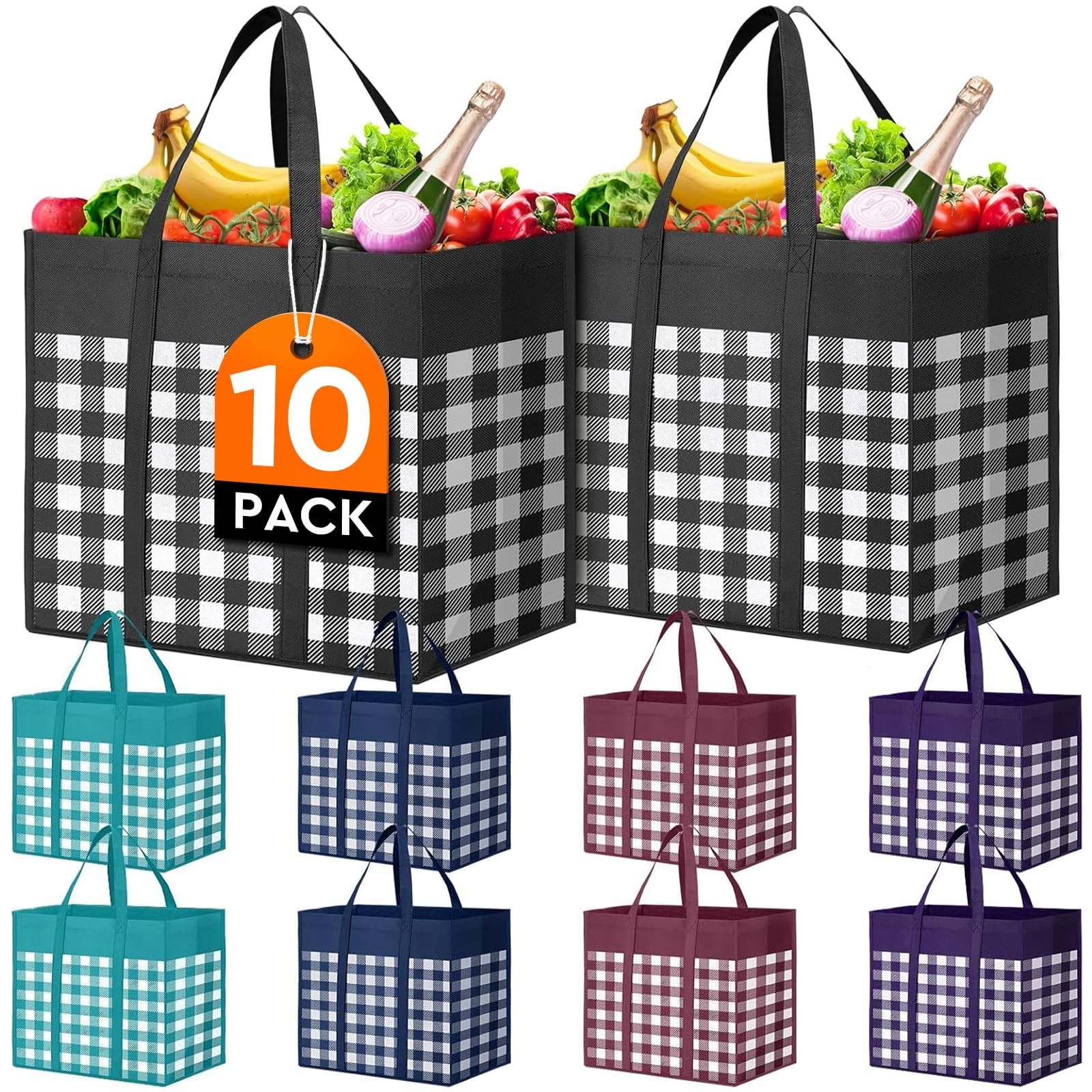 WISELIFE Reusable Grocery Large, Plaid: Black,cyan,blue,claret,purple