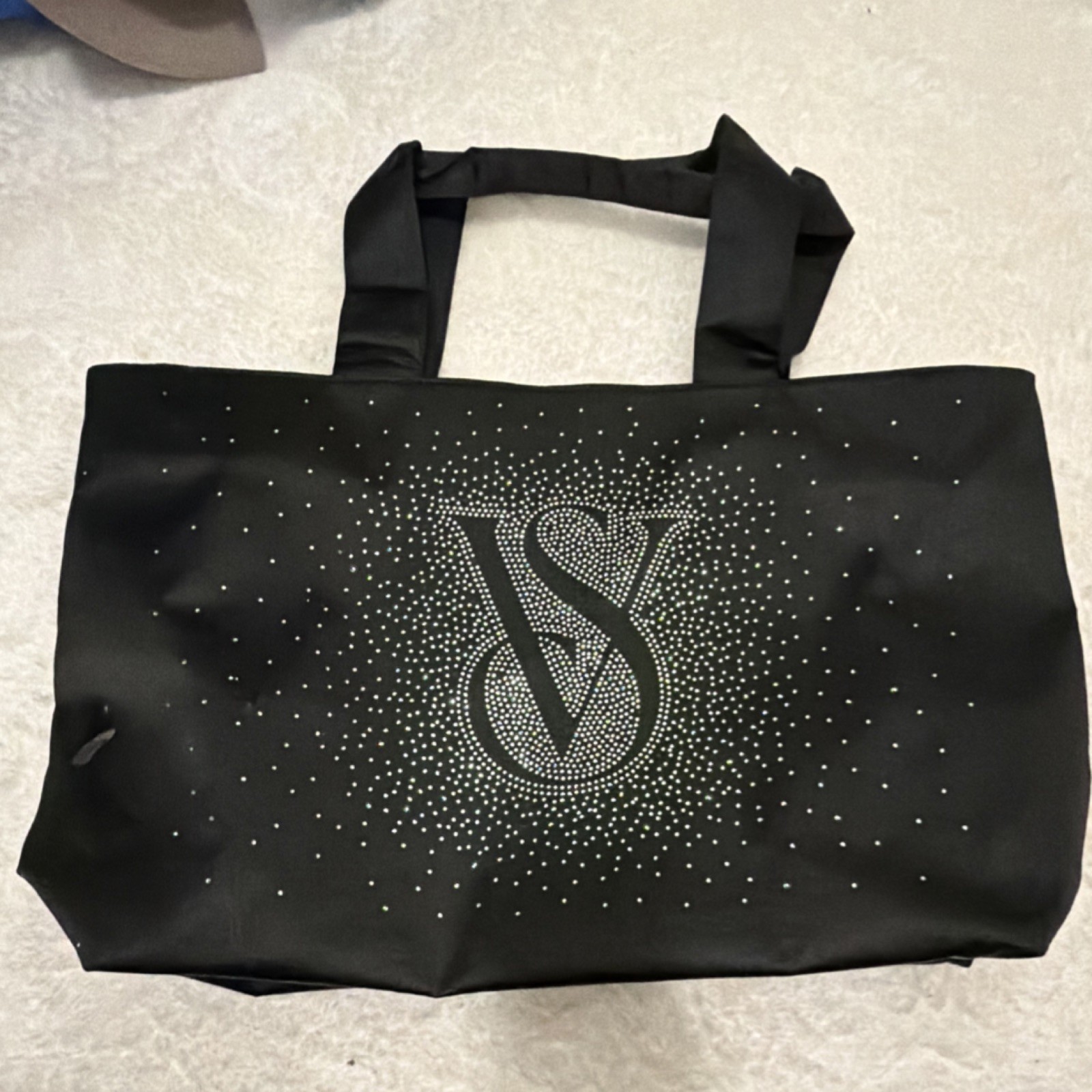 Reusable Black Tote Shopping Bag, Rhinestone-Style VS Logo, Double Handles