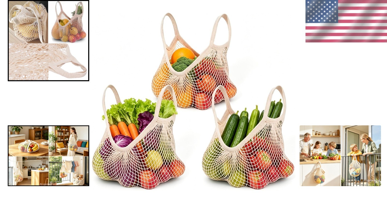Set of 3 Eco-Friendly Reusable Cotton Mesh Grocery Bags – Retro Beige Style