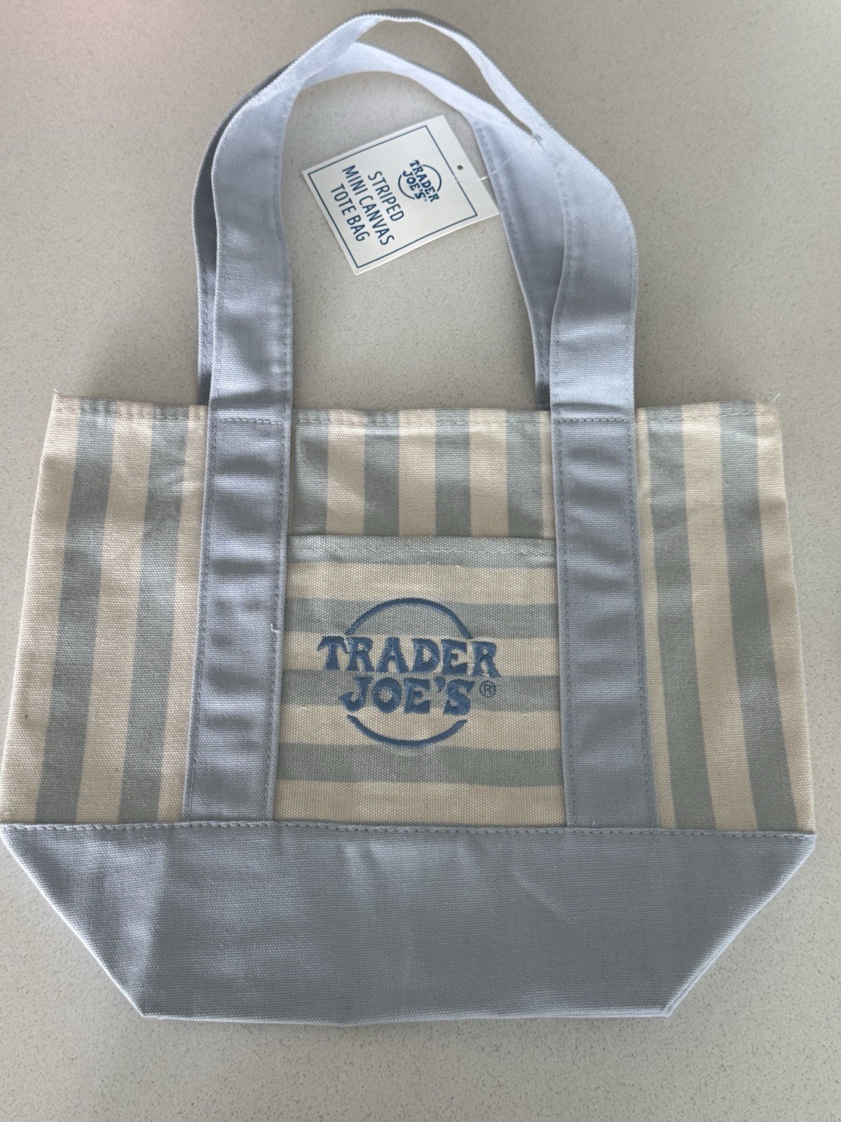Trader Joe’s Striped Mini Canvas Tote Bag Blue & White Reusable 13x10x6 1.5gal