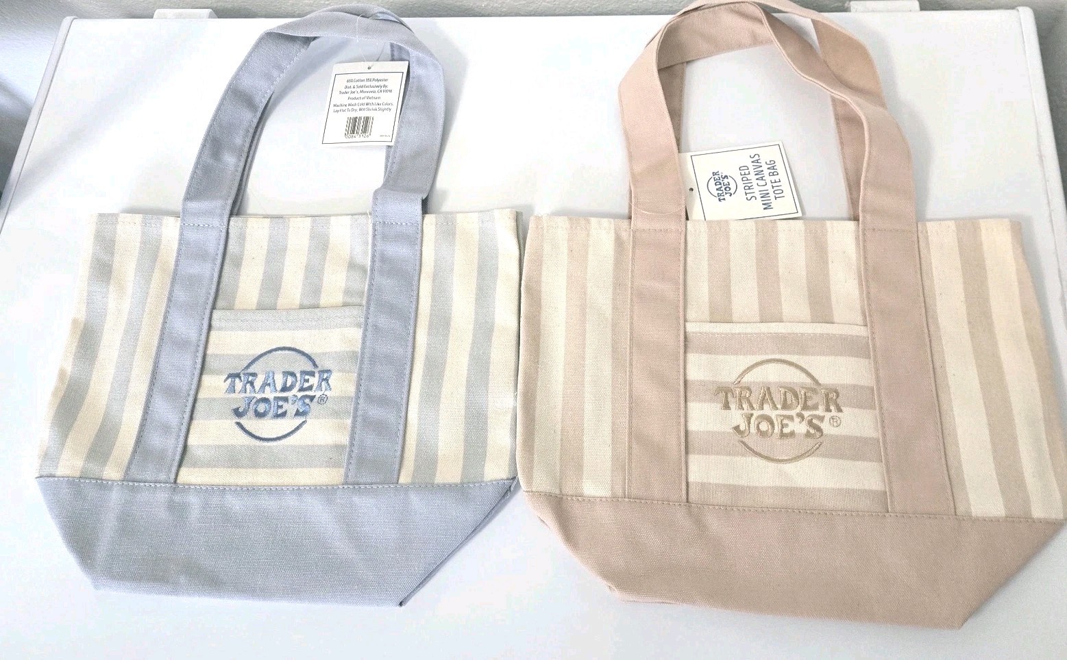TRADER JOE’S MINI PASTEL STRIPE CANVAS TOTE BAGS SET Of 2 BLUE BEIGE NWT