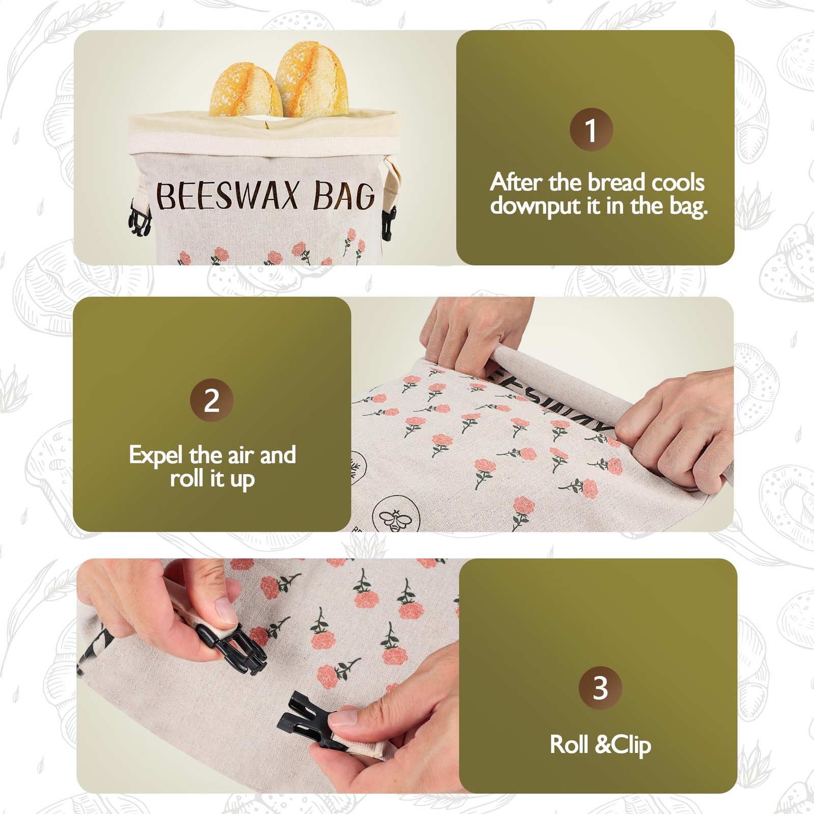 2 Pack Beeswax Bread Bag,17″×13″Reusable Organic XX-Large, 1Rose print color