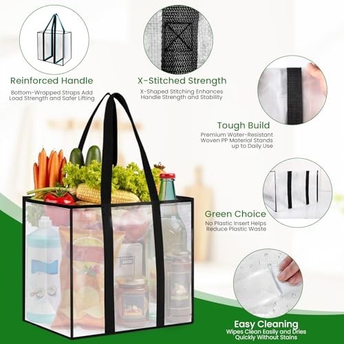 4-Pack Heavy-Duty Reusable Grocery Bags, Water-Resistant, Foldable, 33L Capacity