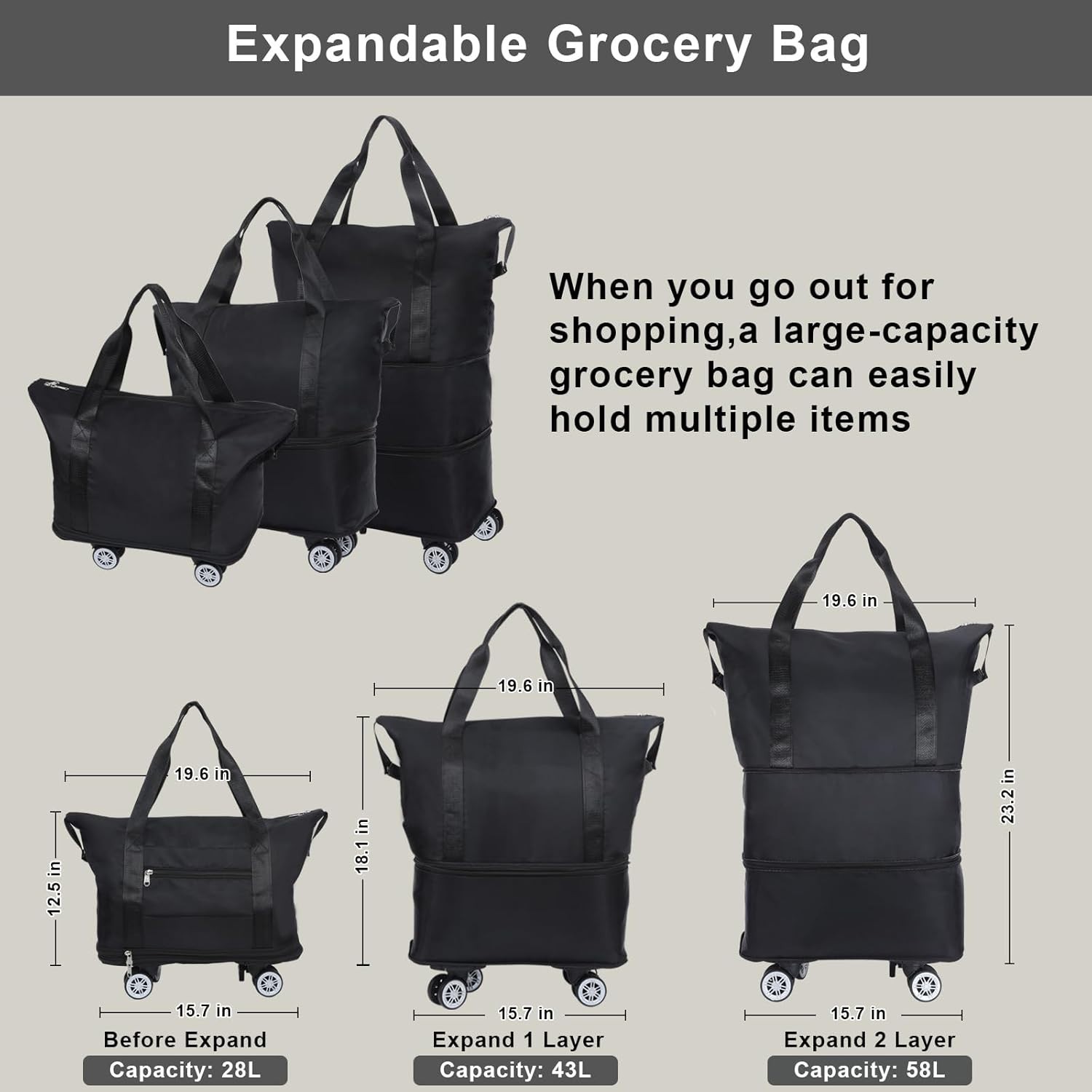 Reusable Grocery Bag on Wheels Shopping Bag with Wheels, Detachable Roller To…