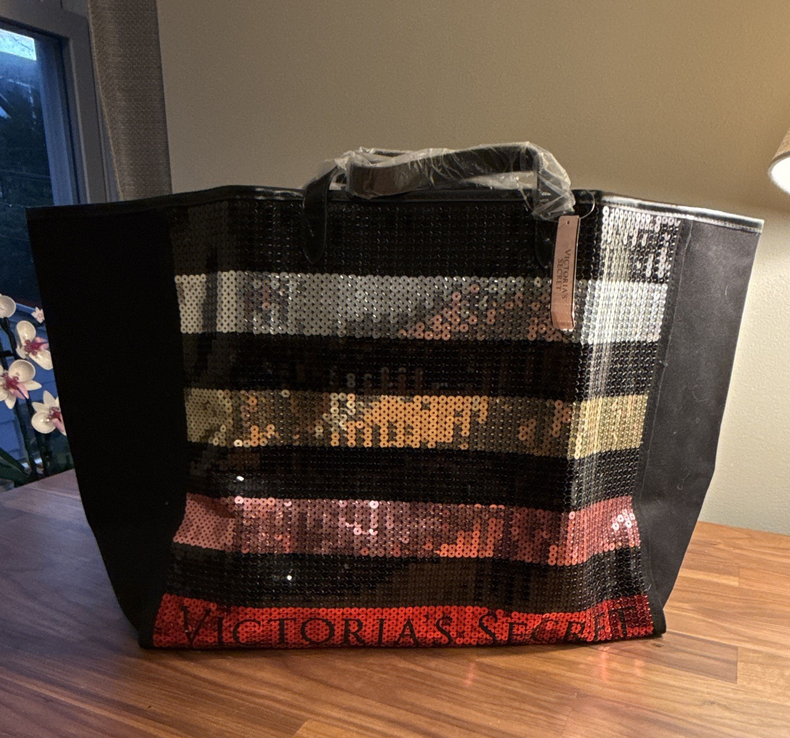 Victoria’s Secret Sequin Striped Tote Reusable Shopping Bag Black One Size 19in