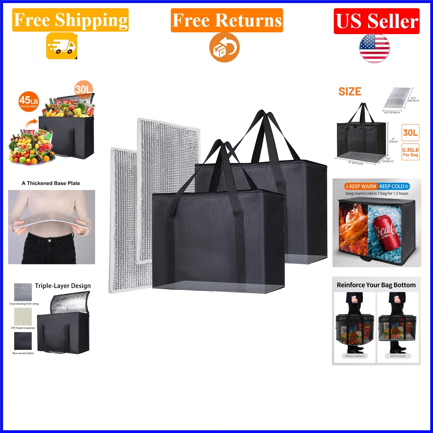 2PK Insulated Heavy Duty Grocery Bags with Reinforced Flat Bottom in Black