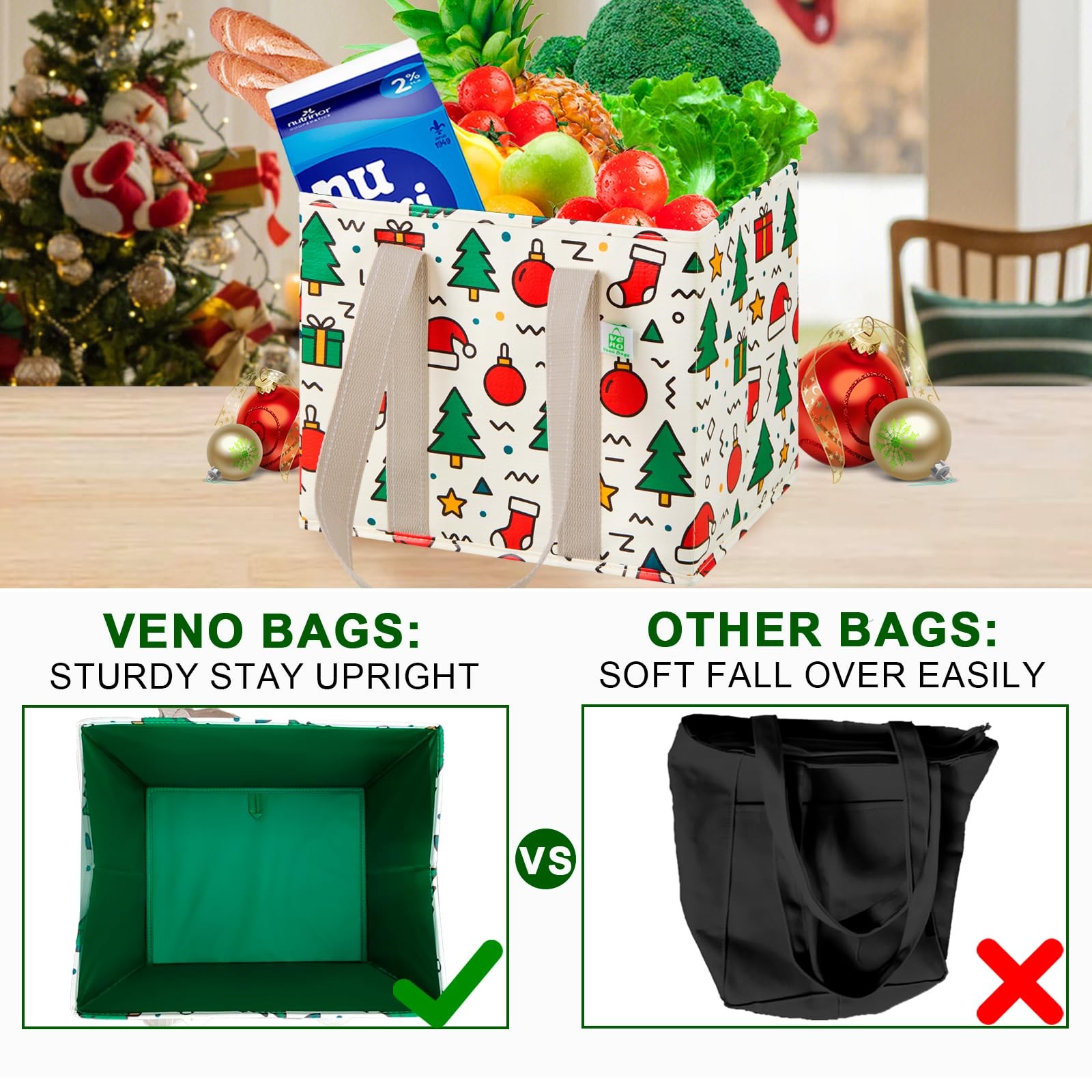 3 PCS 6 Gallon Jingle Mix Heavy Duty Water Resistant Reusable Grocery Bags