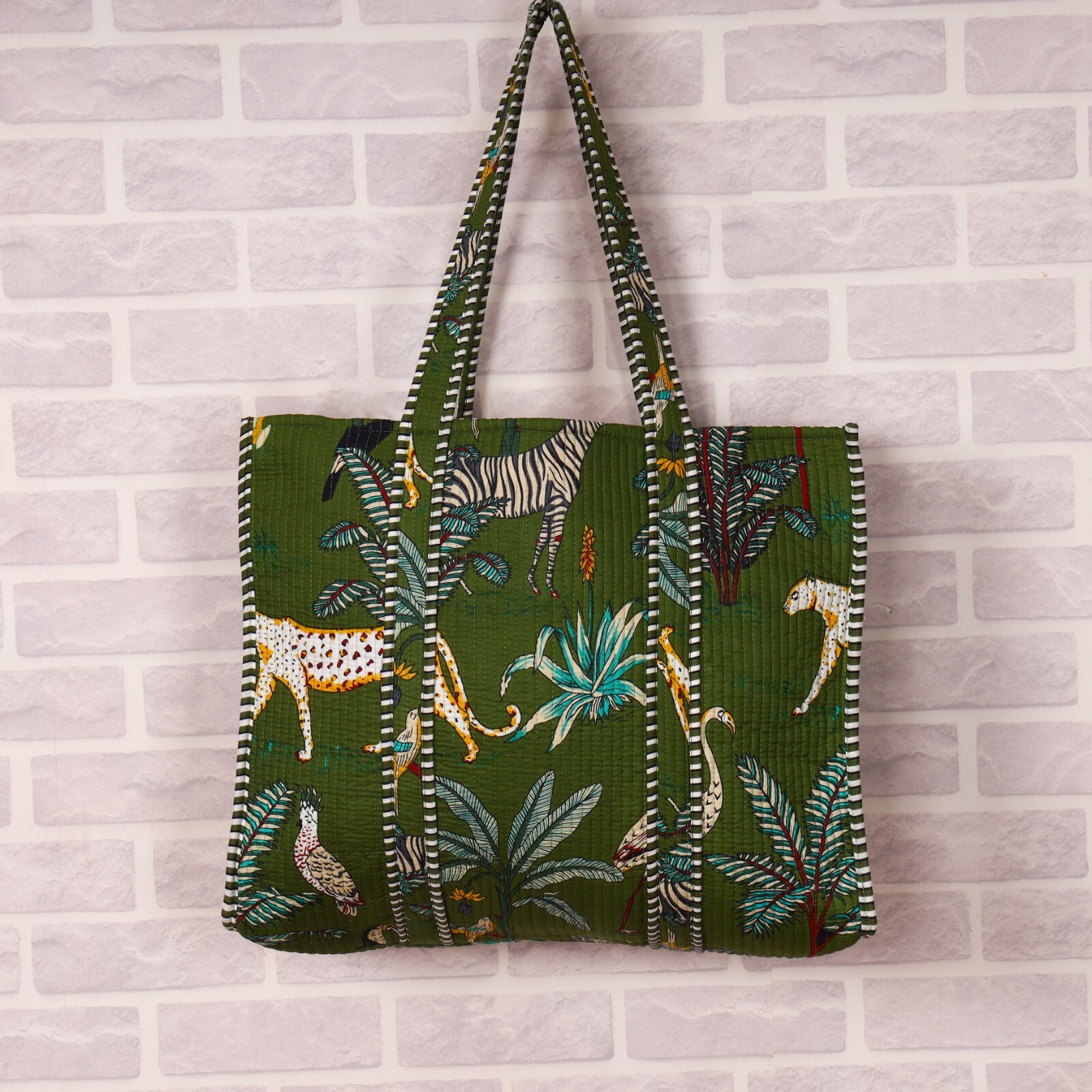 Traditional Quilted Tiger Print Vintage Indian Block Print Tote Travel Handbag