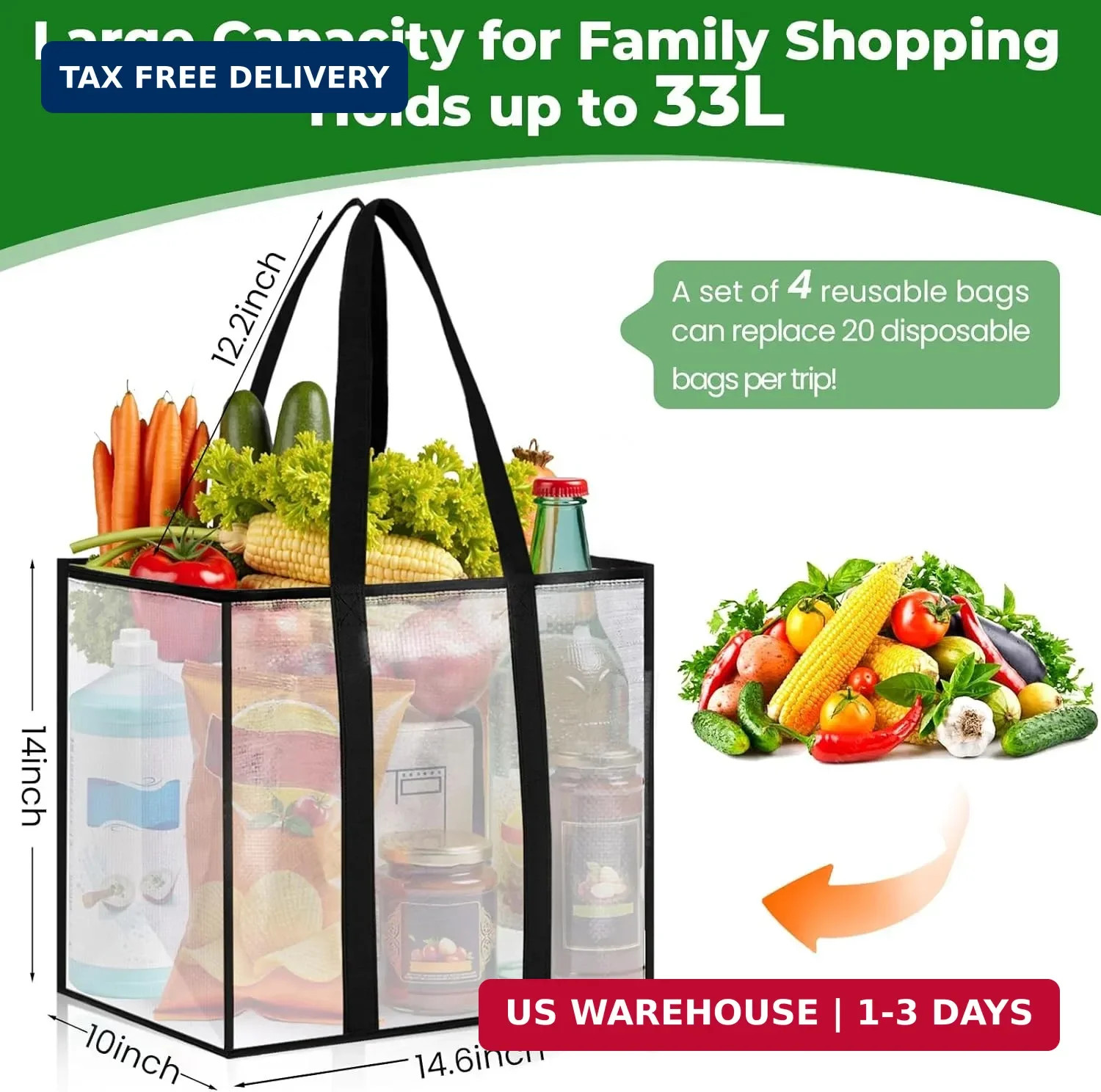 4 Pack Reusable Grocery Bags, Heavy-Duty Shopping Bags with Sturdy Handles, Wate