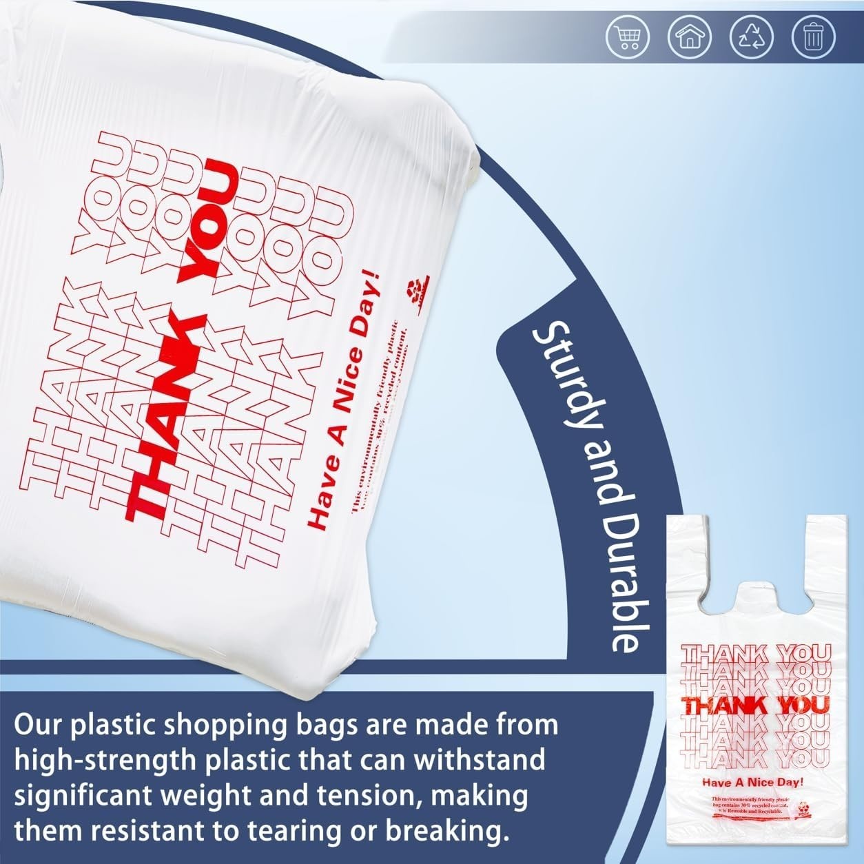 200PCS White Thank You T-Shirt Bags – Reusable & Disposable Grocery Bags 11x6x21