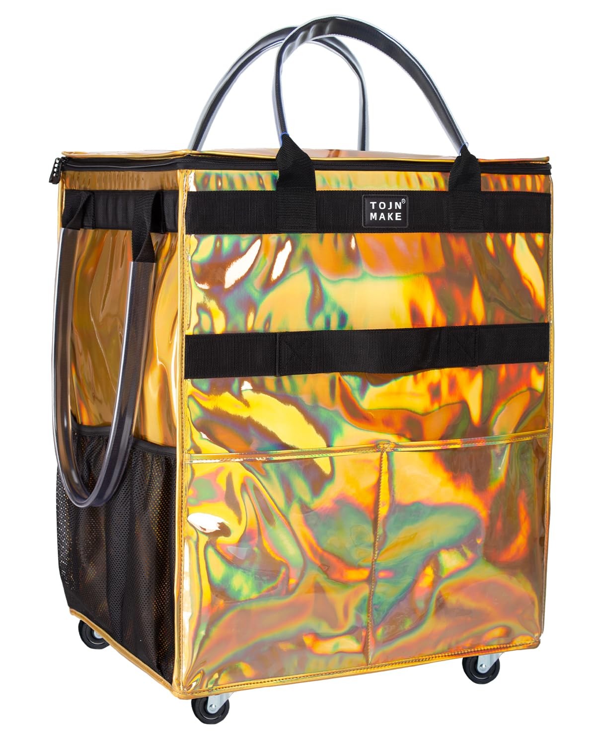 TOJNMAKE Reusable Grocery Bag with Wheels (Large, Glitter Gold), Rolling Shop…