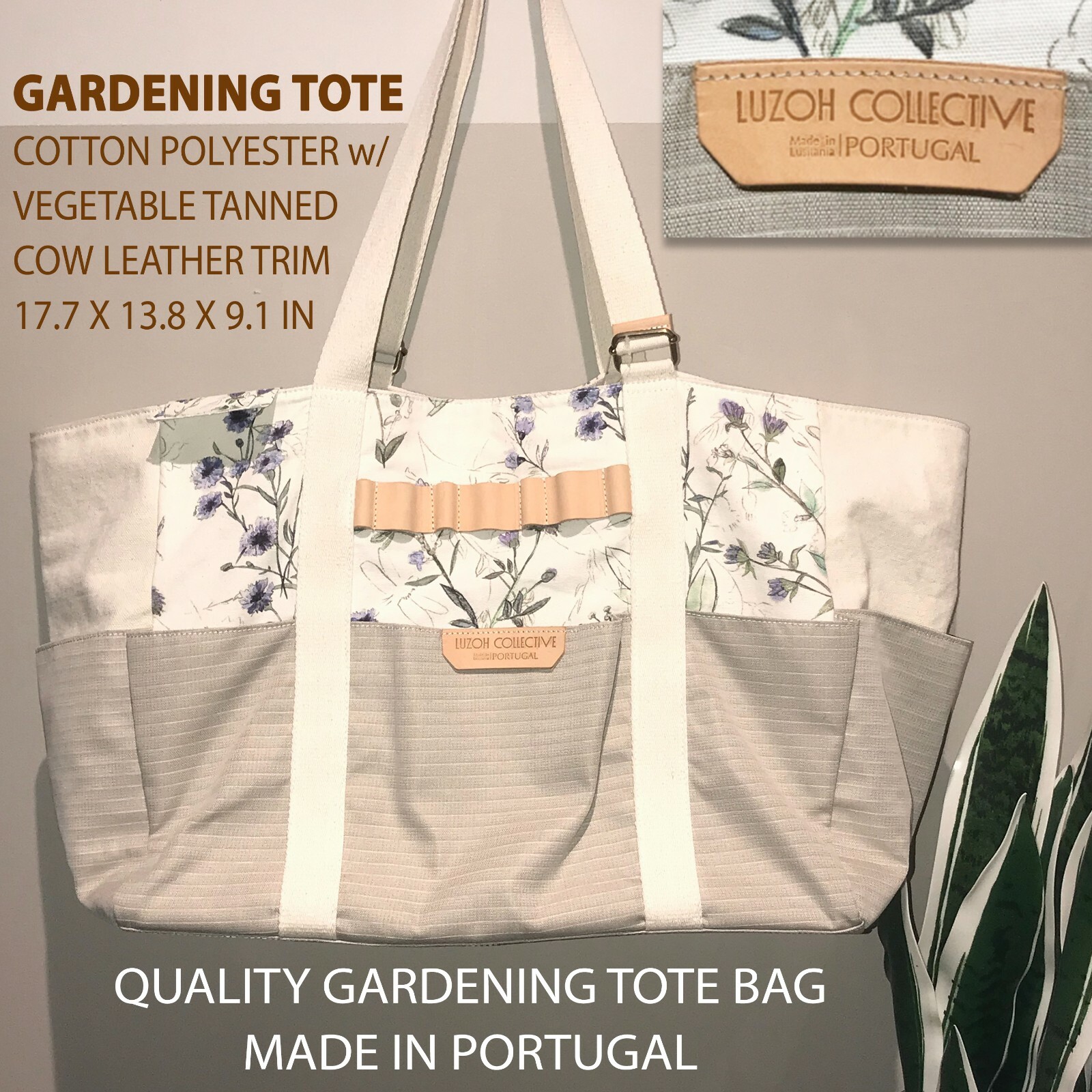 New LUZOH Gardening Tote Cotton Poly Tan Leather Trim Natural Taupe Floral 8 Pkt