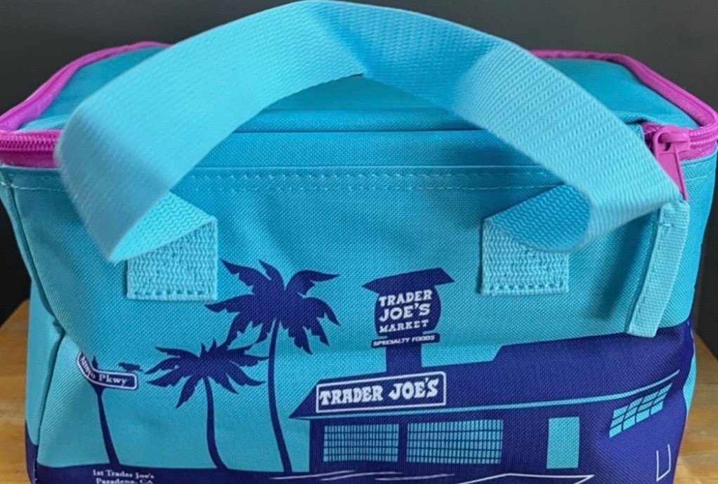 Trader Joes mini insulated bag ice blue with purple zipper