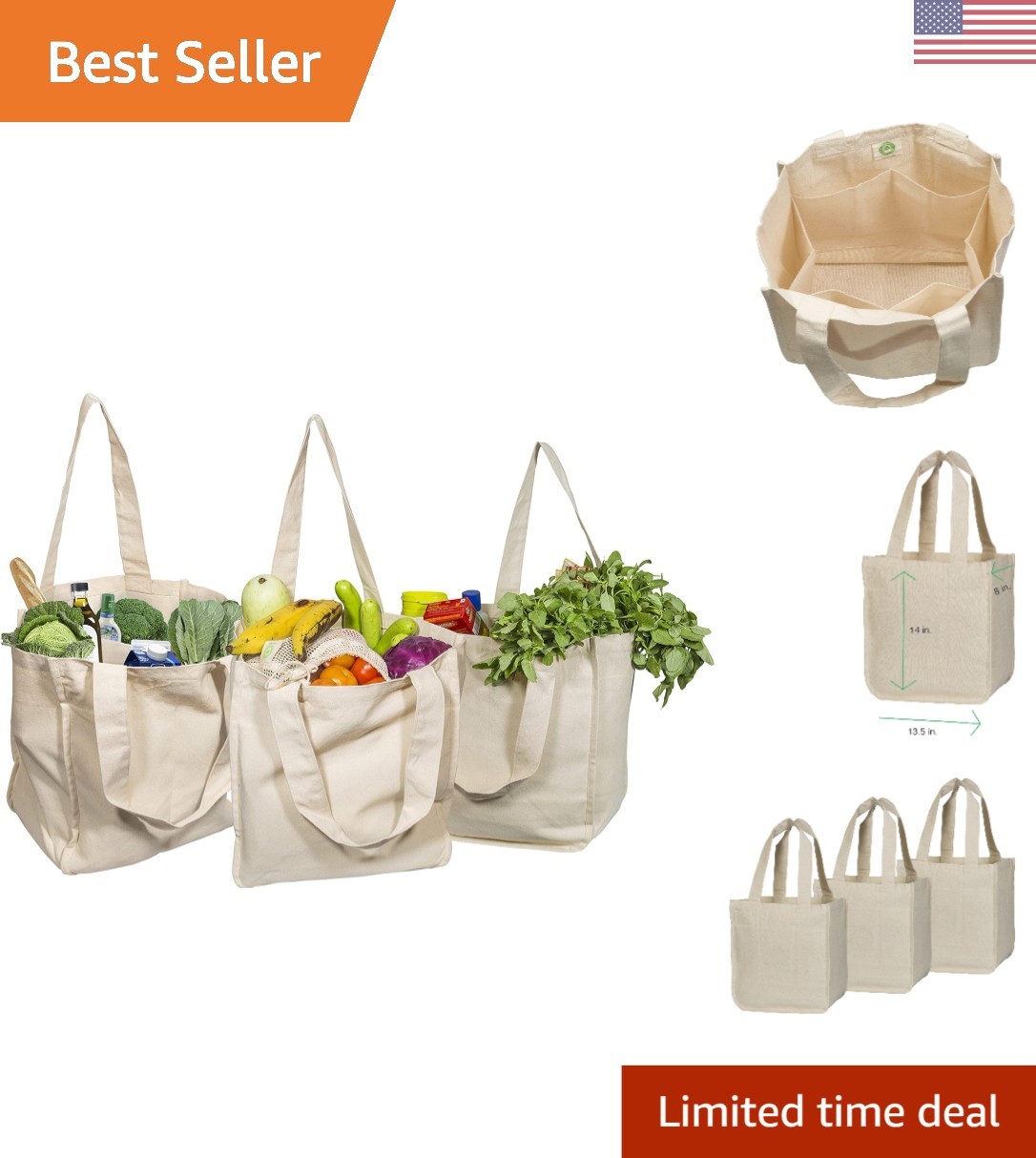 Eco-Conscious 3-Pack Organic Cotton Grocery Bags with Sleeves for Glass Bottles