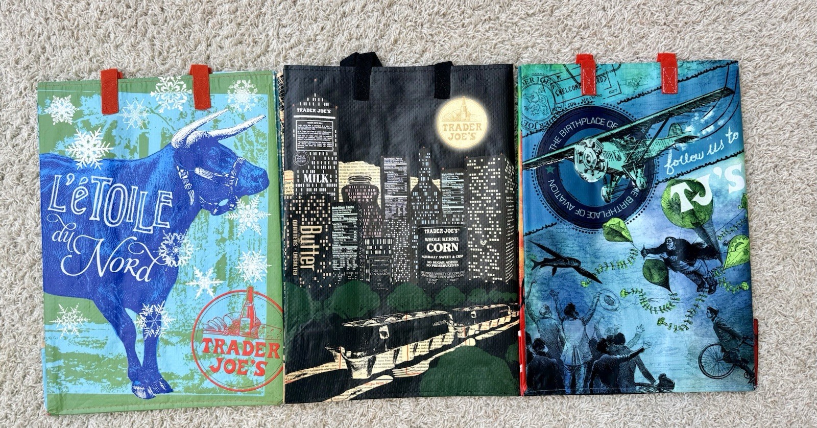 TRADER JOE’S – 3 Reusable 6 Gallon Capacity Grocery Bags – NEW WITH TAGS