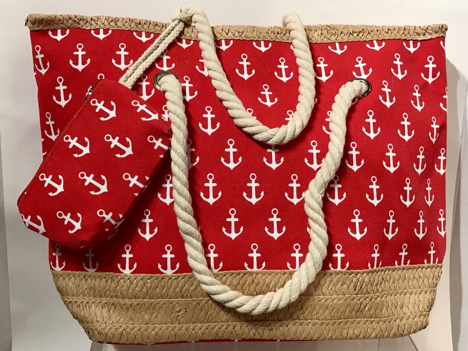 Beach Bag/Tote & Wristlet Nautical Anchor Print Canvas Red Rope Handle Straw NWT
