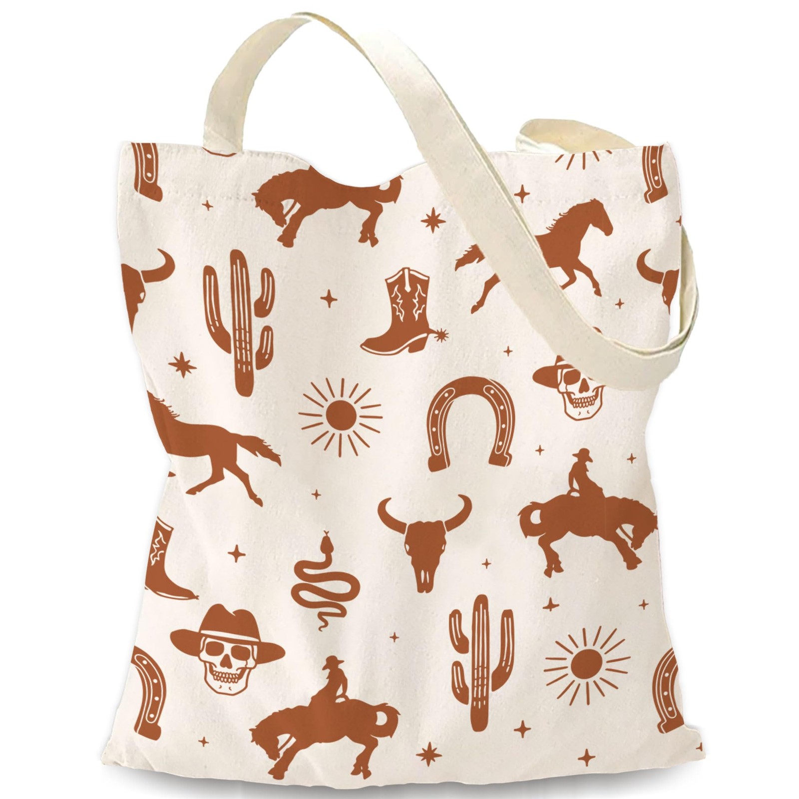 Boho Western Canvas Tote Bag Shoulder Brown Vintage Cowboy Cute Aesthetic Pat…