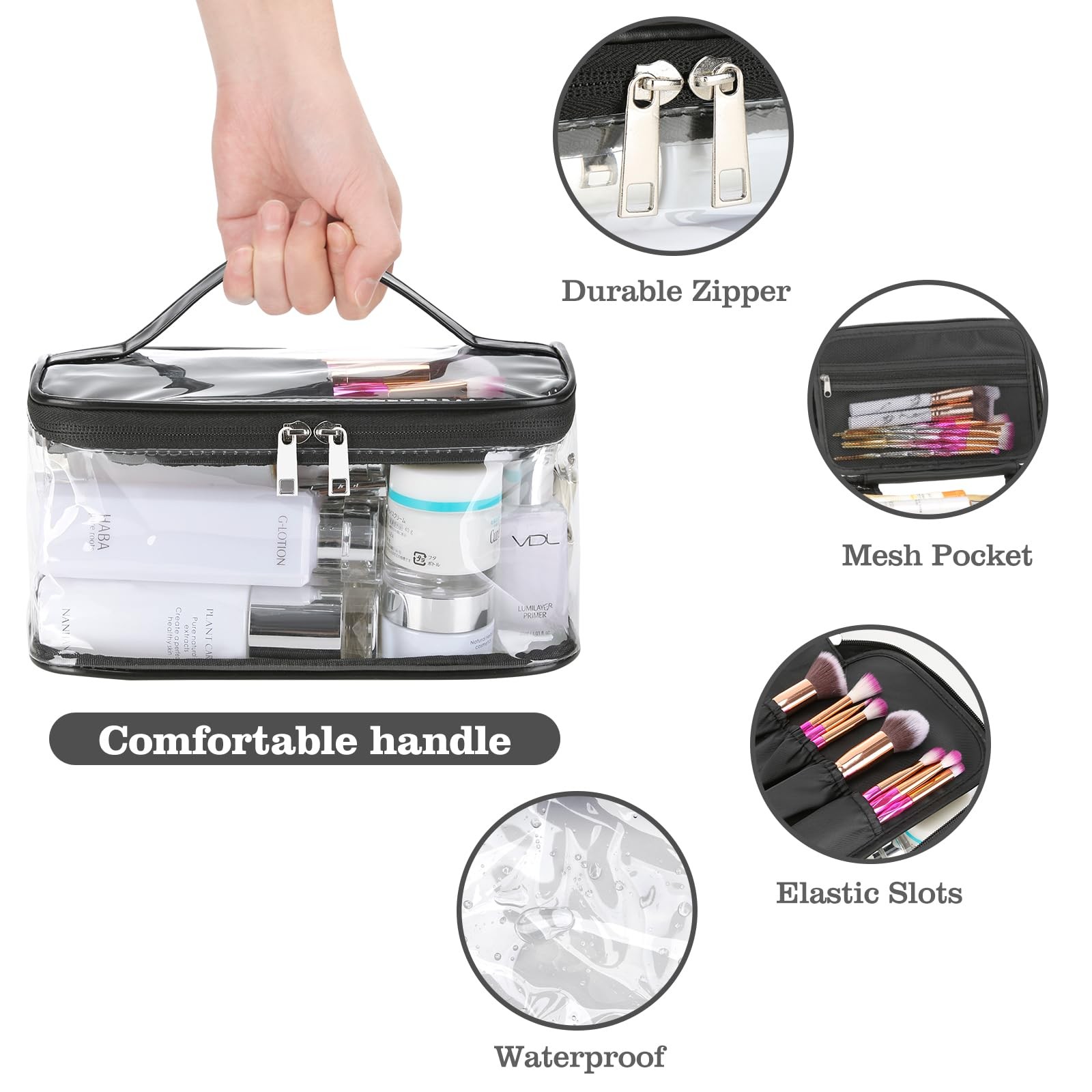 HAOGUAGUA Clear Makeup Cosmetic Bag with Brush Compartment, Portable BLACK
