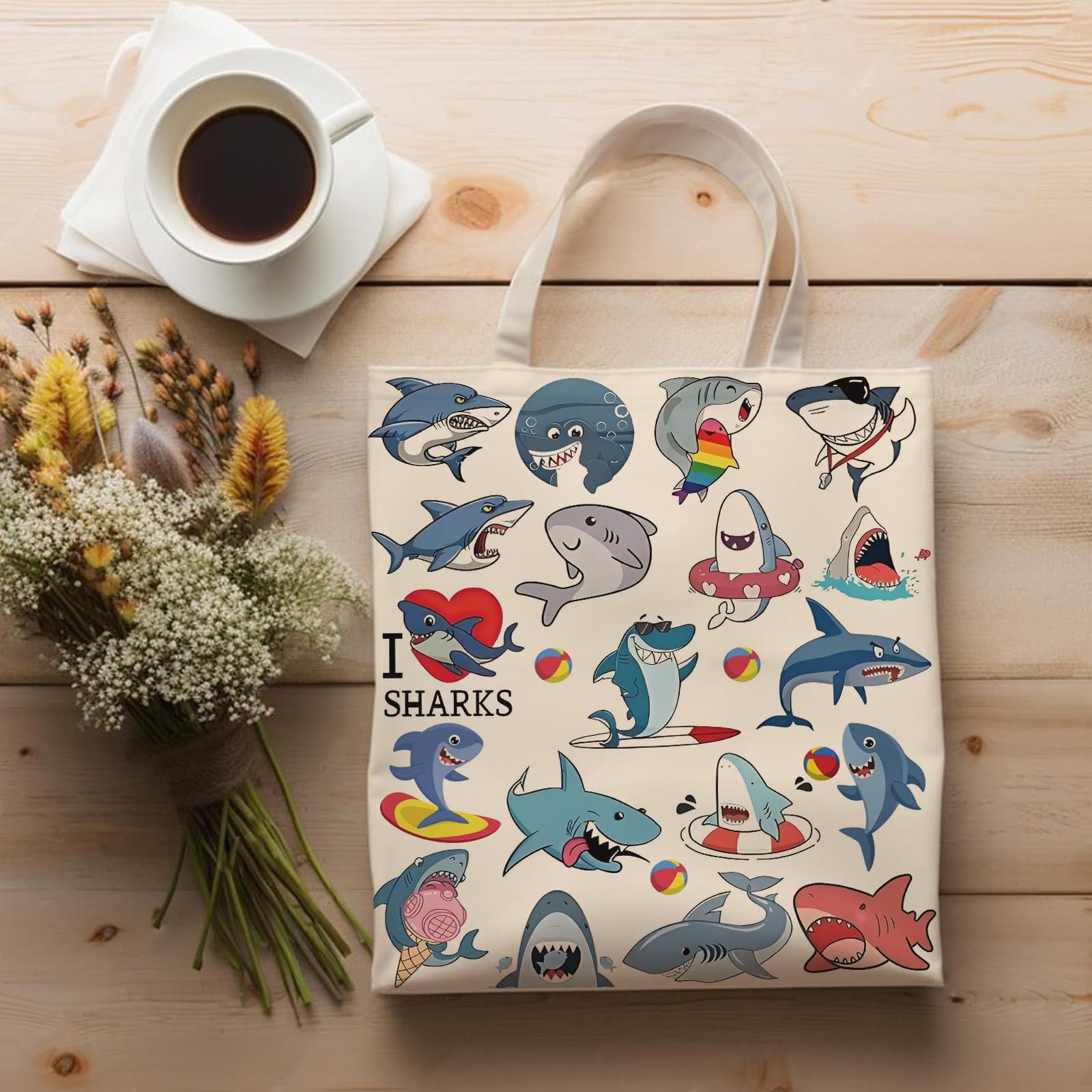 Shark Canvas Tote Bag, Reusable – Shopping/Grocery/Beach/Gifts Bag – Birthday…