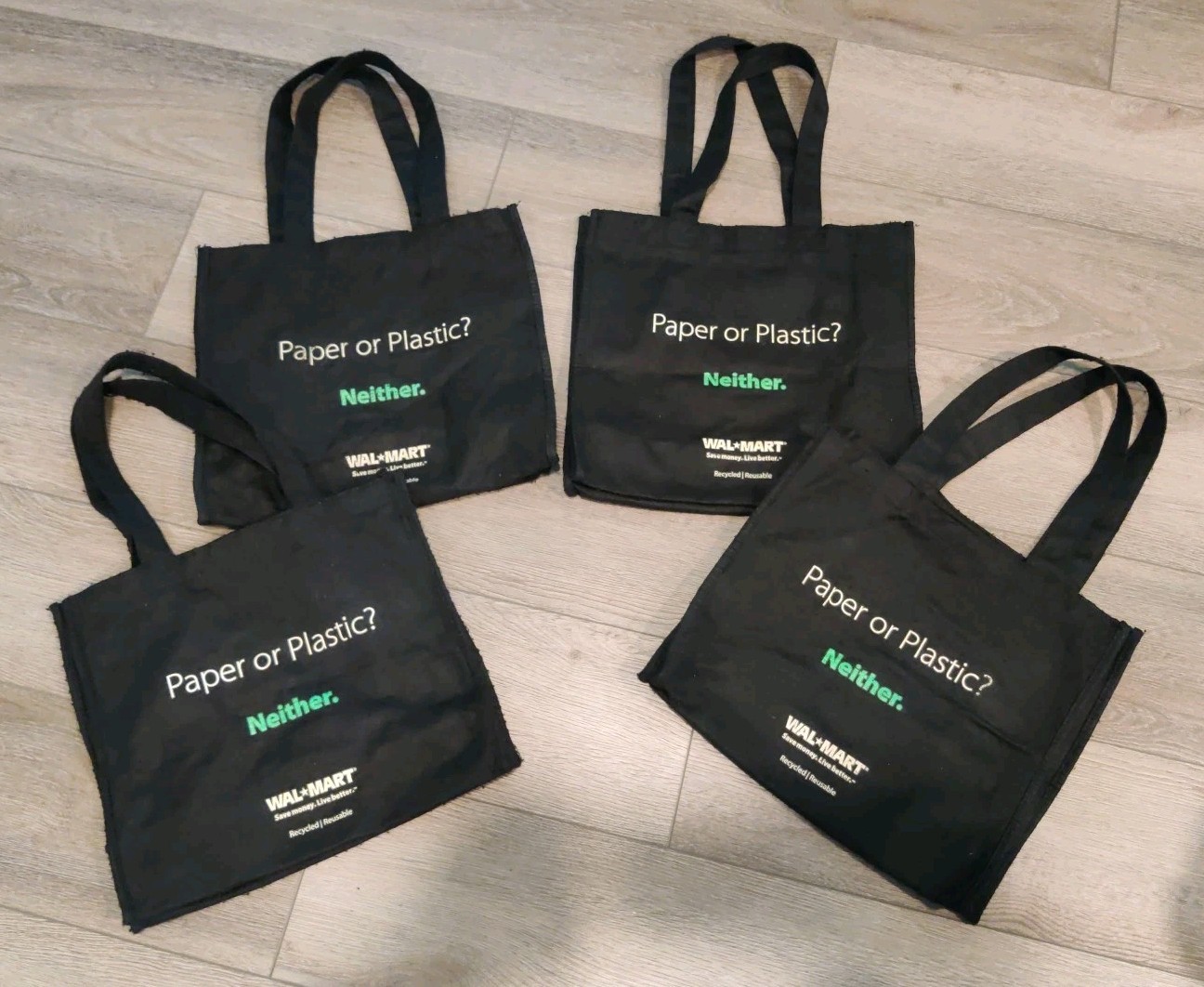 Lot/4 Vtg Walmart Paper Plastic Neither Reusable Tote Shopping Bag 14x13x7 Black