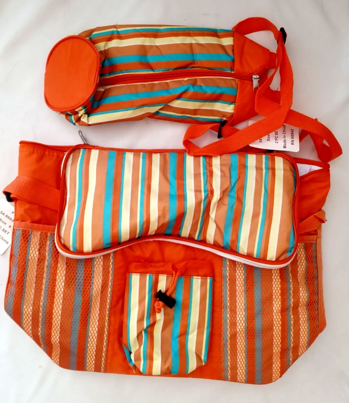 Orange Large Insulated Shopping Travel Bag Zip 13″x13″x6″W/Bottle Bag Zip-2/pc