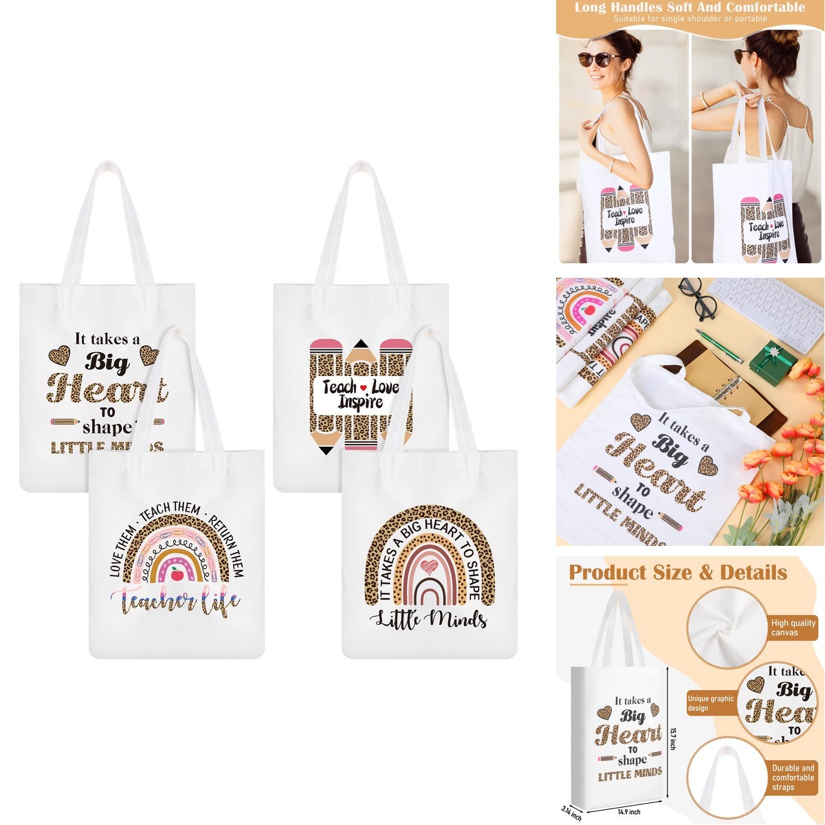 Mixweer 4 Pcs Teacher Canvas Tote Bags – Leopard Print Style