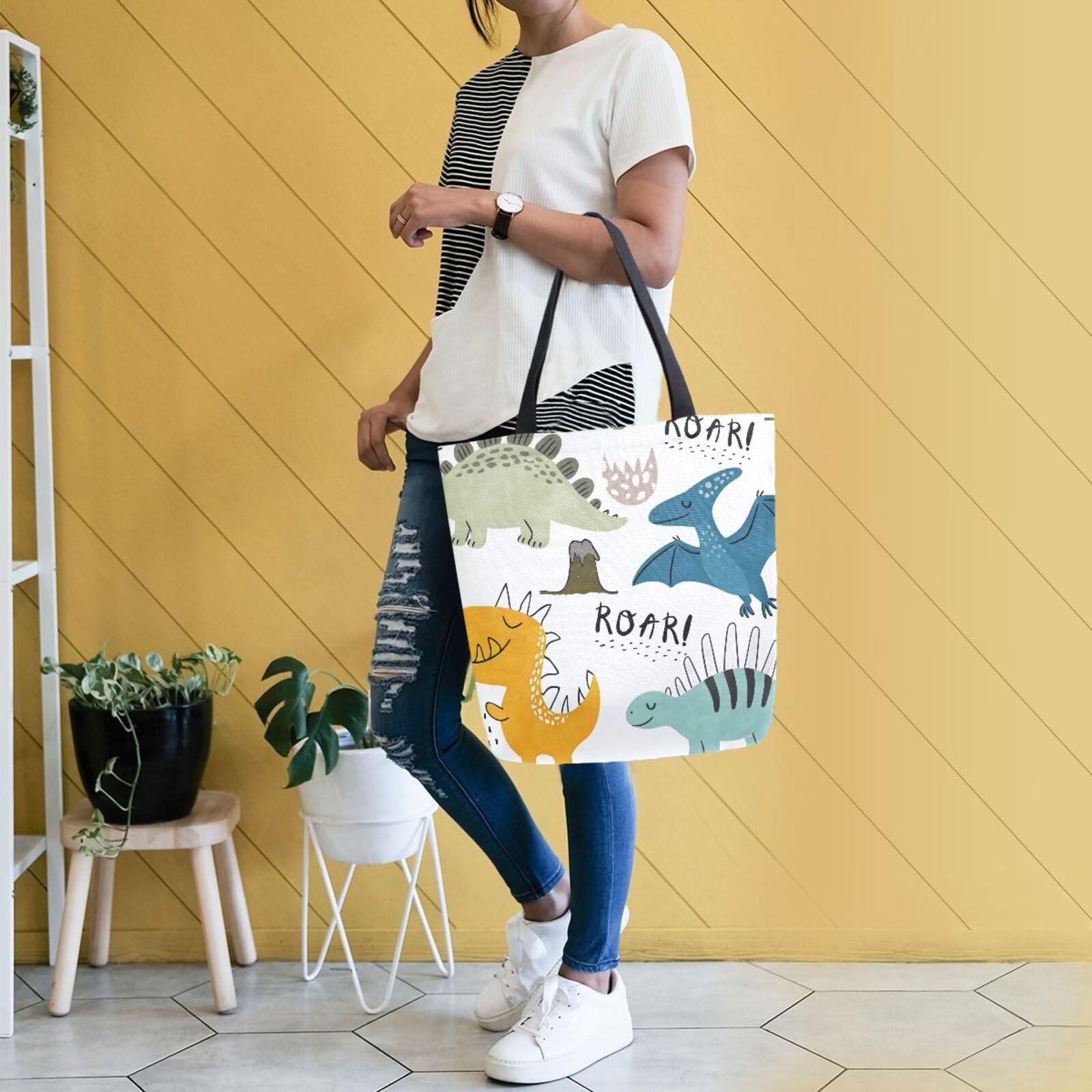 Dinosaur Canvas Tote Bag Large Women Casual Shoulder Bag Handbag, Reusable Sh…