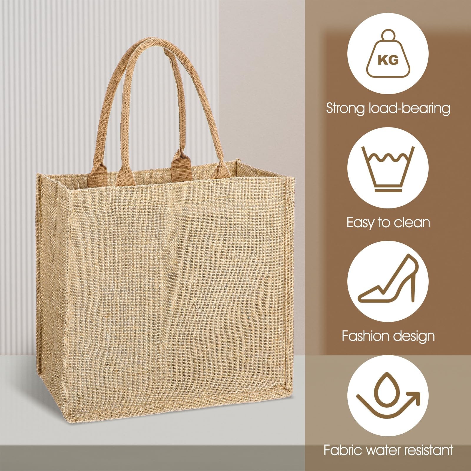 8 Pack Reusable Jute Tote Bags with Handles 15.3 x 12.2 x 5.5 Inch Large Natu…