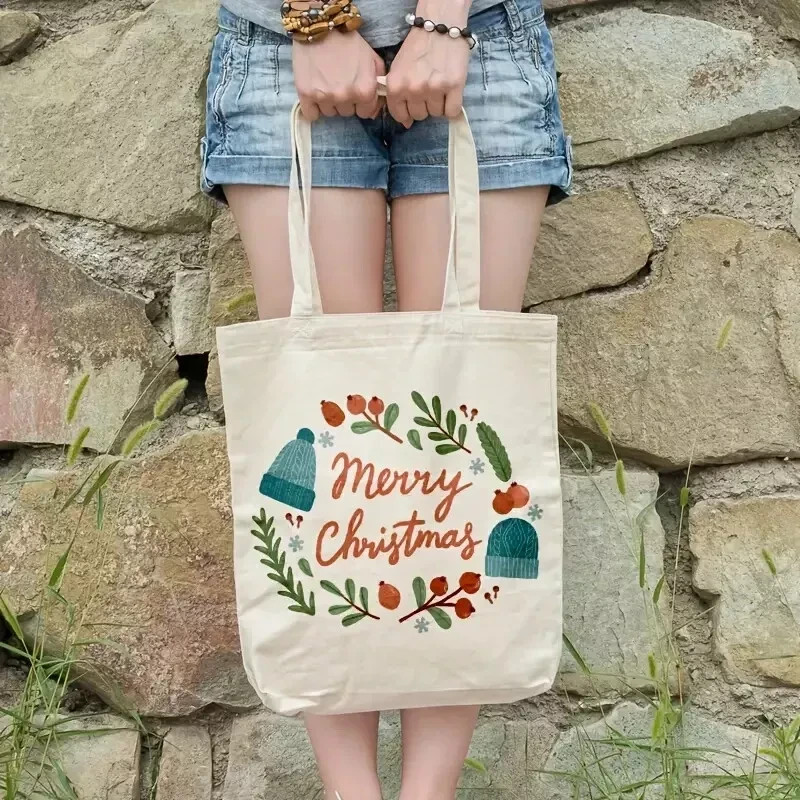 Christmas-Themed Canvas Tote Bag – Reusable Square Grocery Shopping Bag