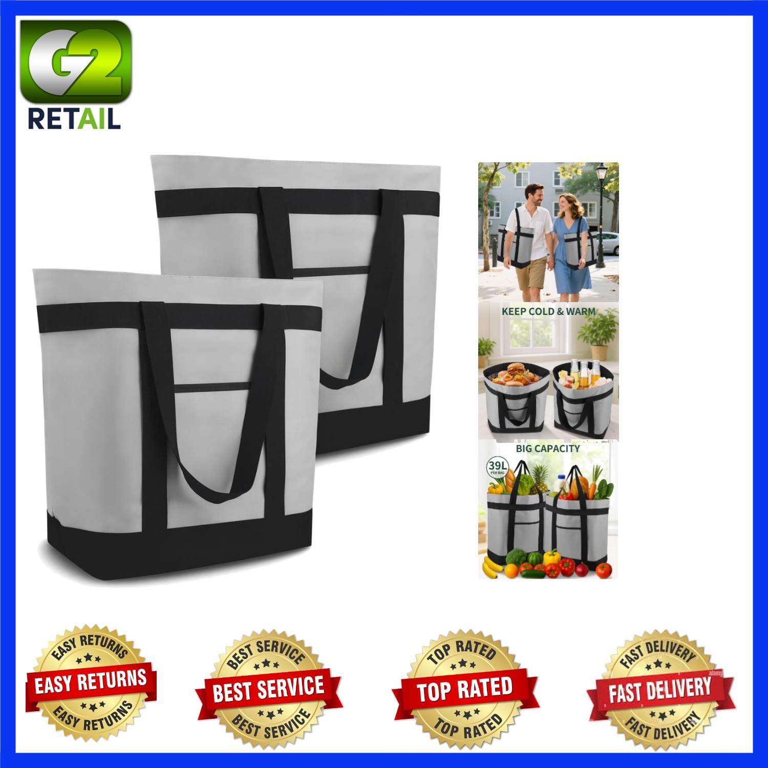 Versatile 39L 2PK Reusable Grocery Bags with Insulation & Side Pockets