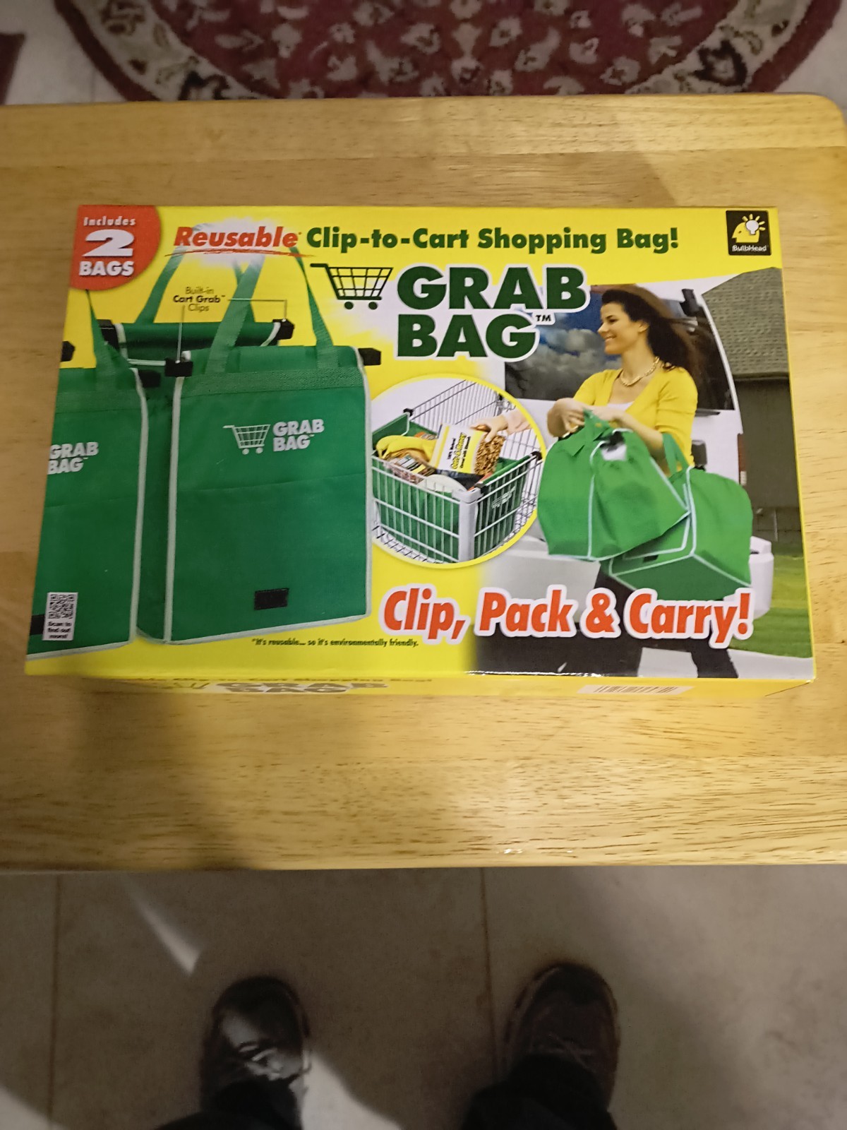 BulbHead Grab Bag Foldable Clip-to-Cart Reusable Shopping Bag, Green, 2 Pack