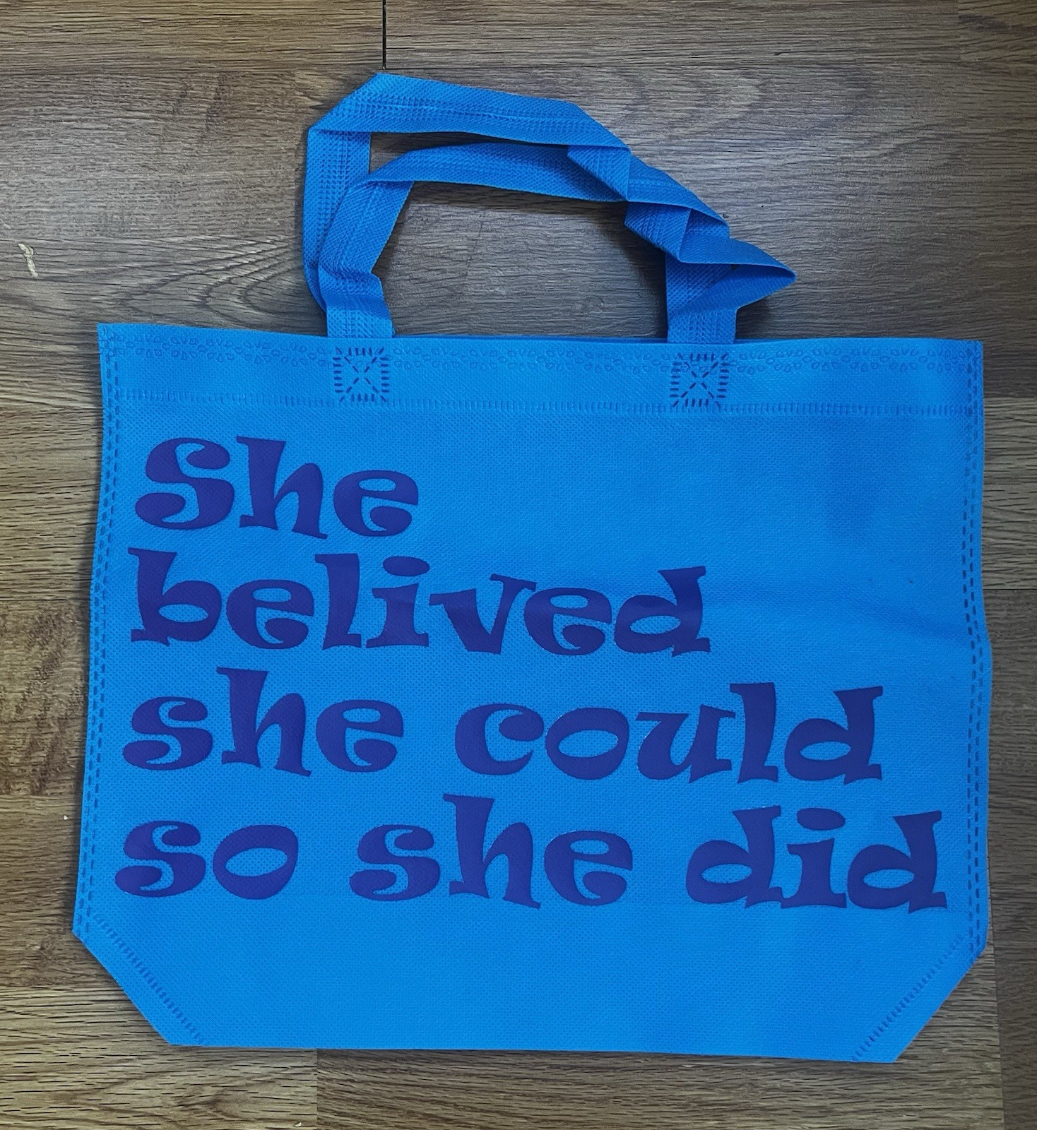 Foldable Blue Polyester Reusable Shopping Bag with Motivational Text