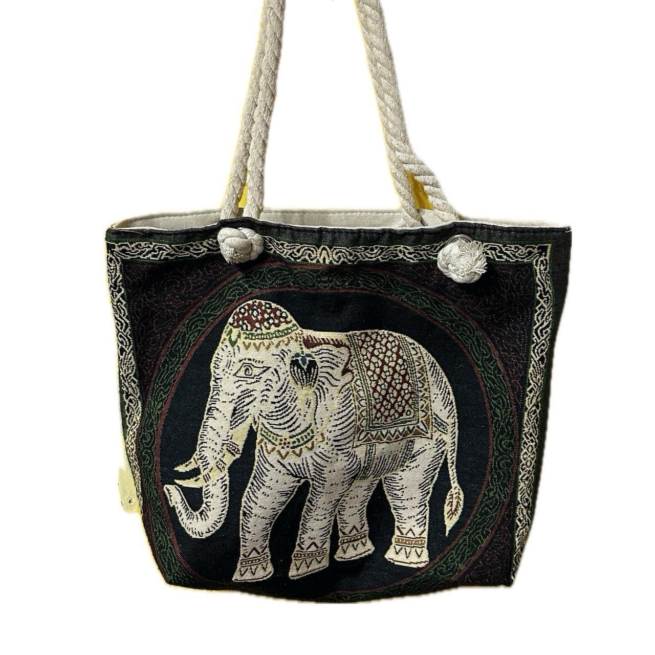 Canvas Animal Print Tote Bag Black Beige Multicolor Rope Handles Zippered Pocket