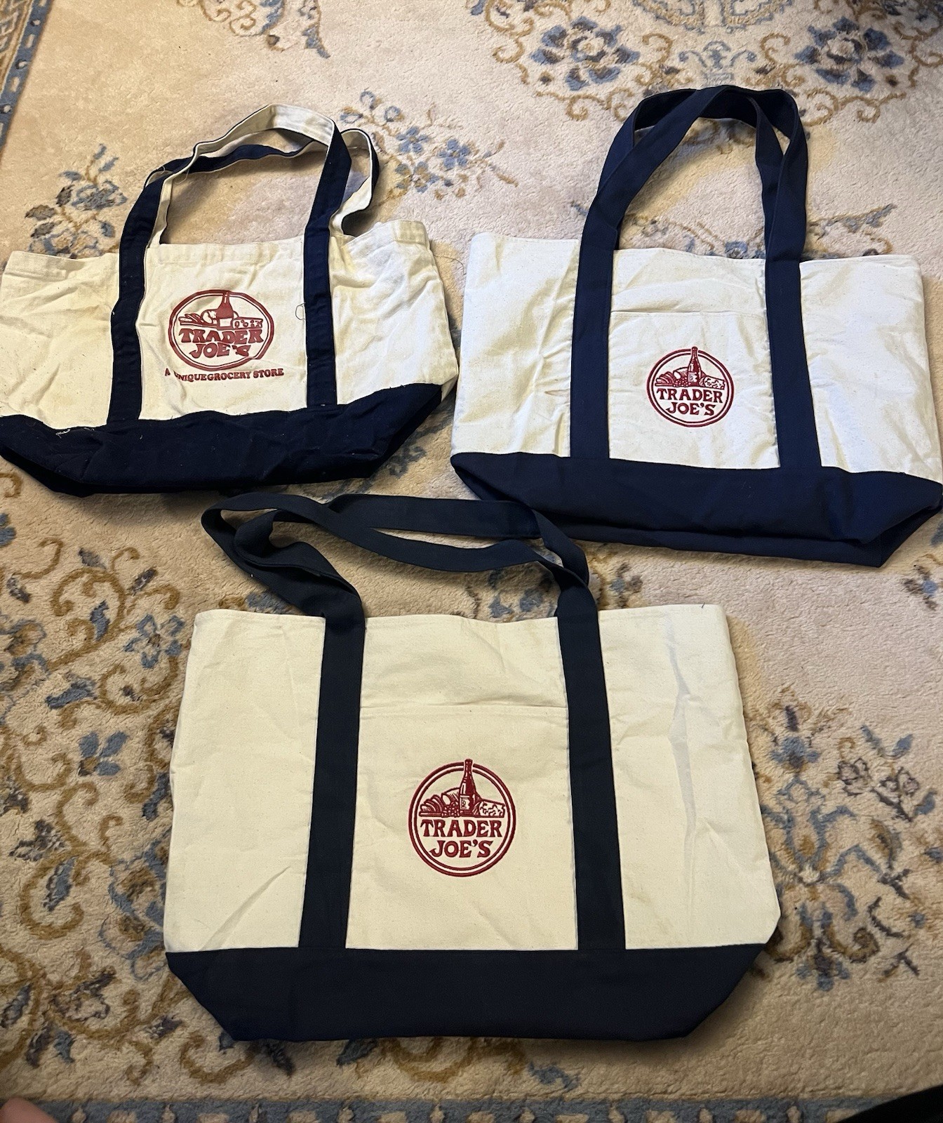 3 Trader Joe’s Canvas Tote Bag Retro Logo Double Sided Blue Unique Lot Vtg