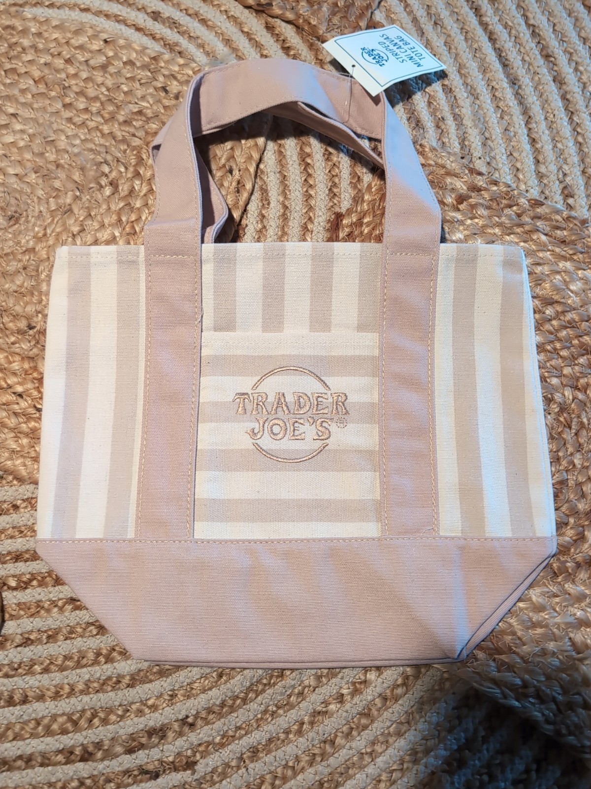 Trader Joe’s Striped Canvas Mini Tote Set of 4 Summer 2026 Pink Blue Green Tan