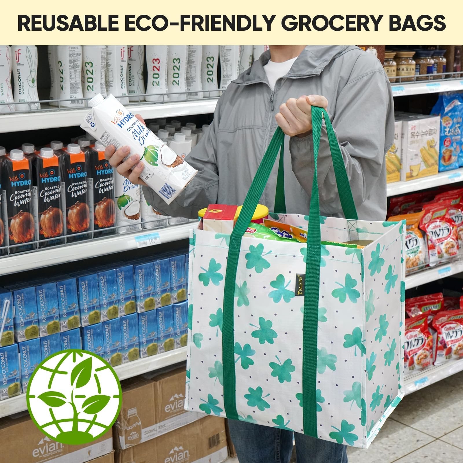4 PK Grocery Bags Reusable Shopping Bags with Reinforced Bottom, Heavy Duty F…