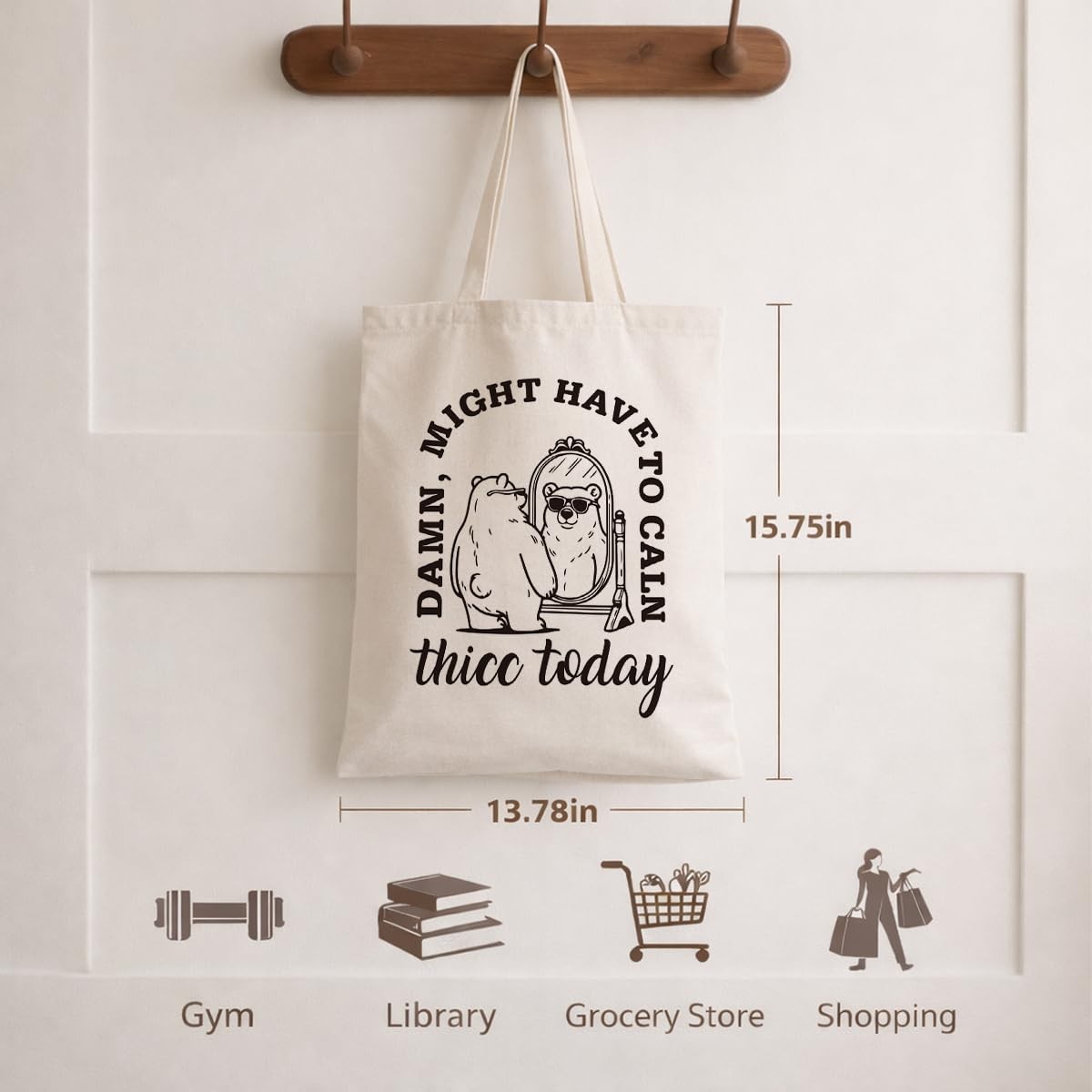Aesthetic Cute Canvas Bag for Women, Funny Bear Print Tote, Two Sided Printin…