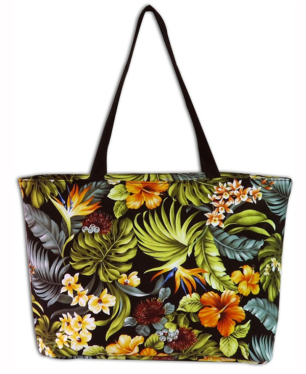Hawaiian Canvas Beach Black Tote Tropical Hawaii Shop Bag Handbag Travel Large N