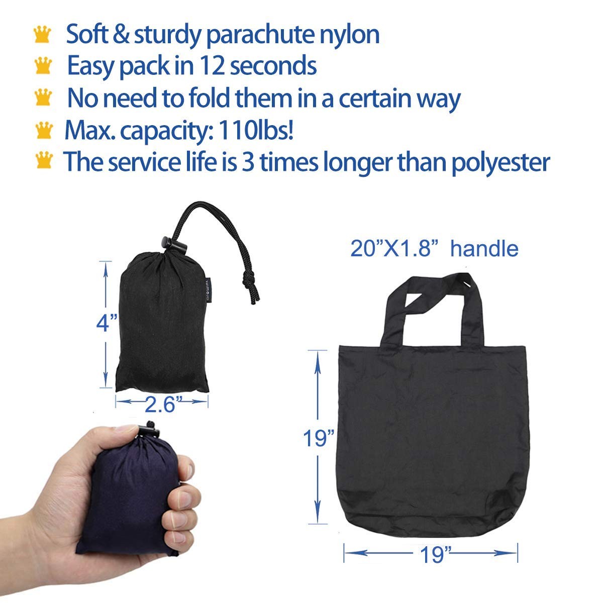 3 Pack 19×19 Inch Heavy Duty Nylon Foldable Reusable Grocery Shopping Bag