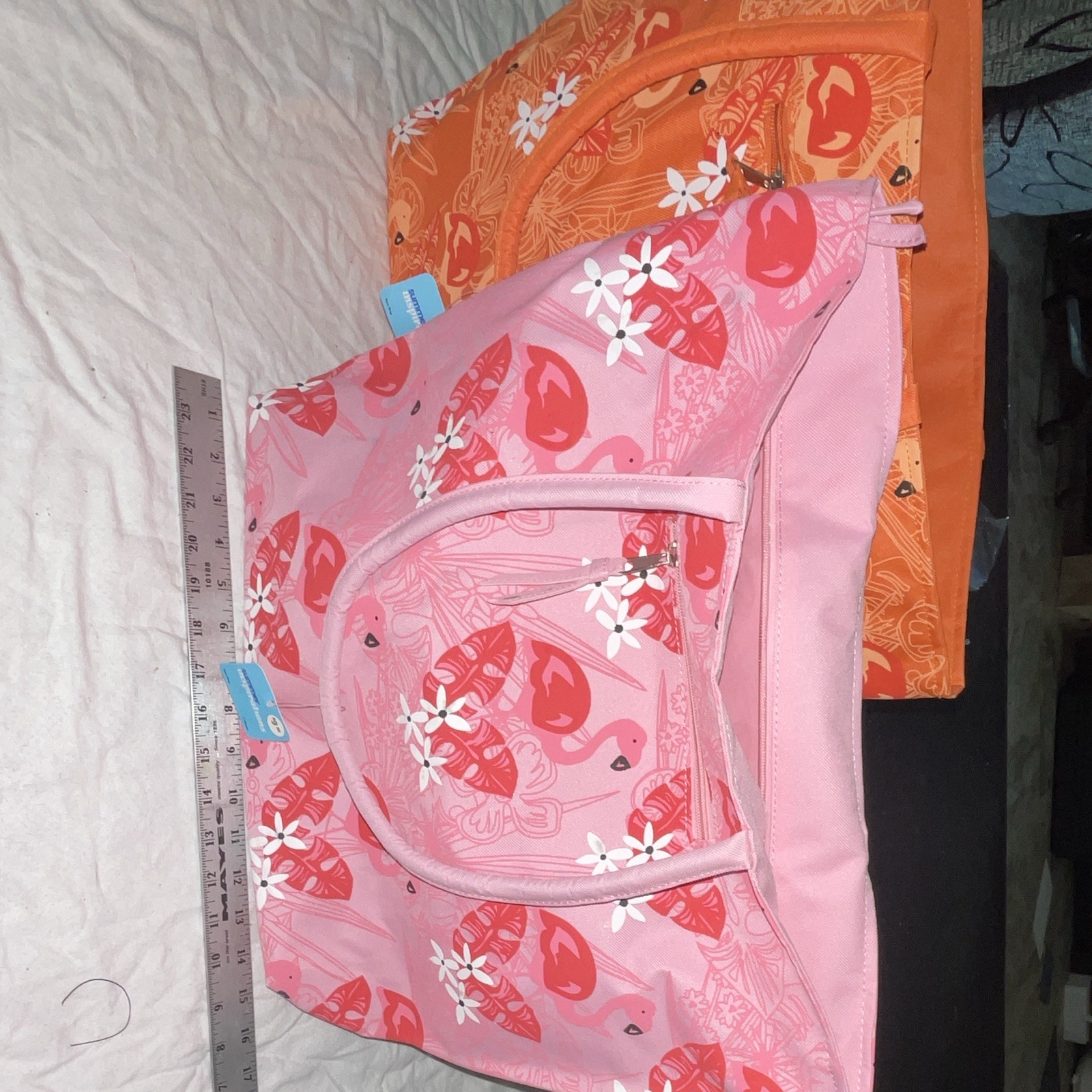Summer Inspirations Floral Flamingo Tote Bag Pink/Orange Zip Top 2 Pack 15×12