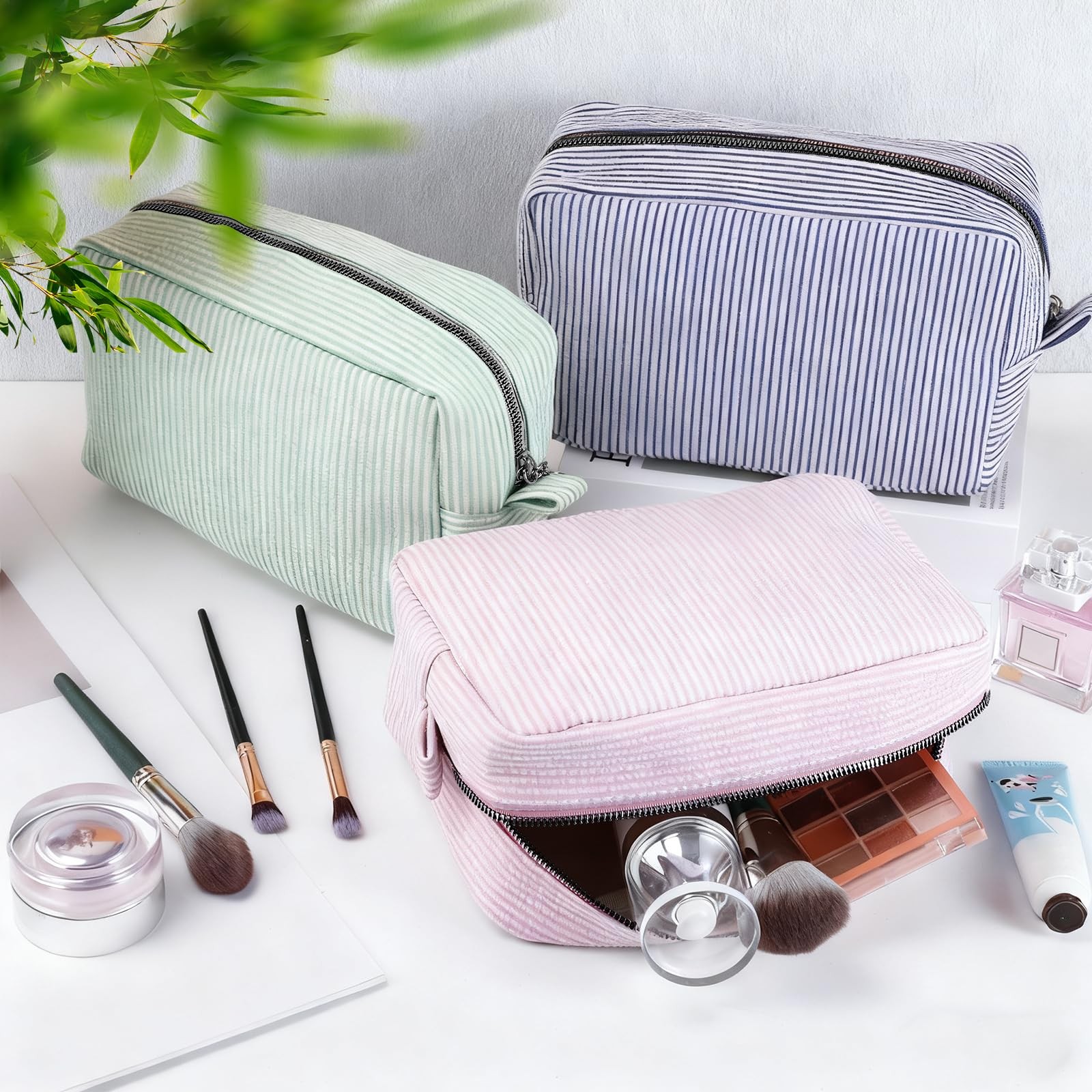 Loccmat 3 Pack Seersucker Makeup Bag, 8.7 x 5.5 x 3.5 inches, Multicolor