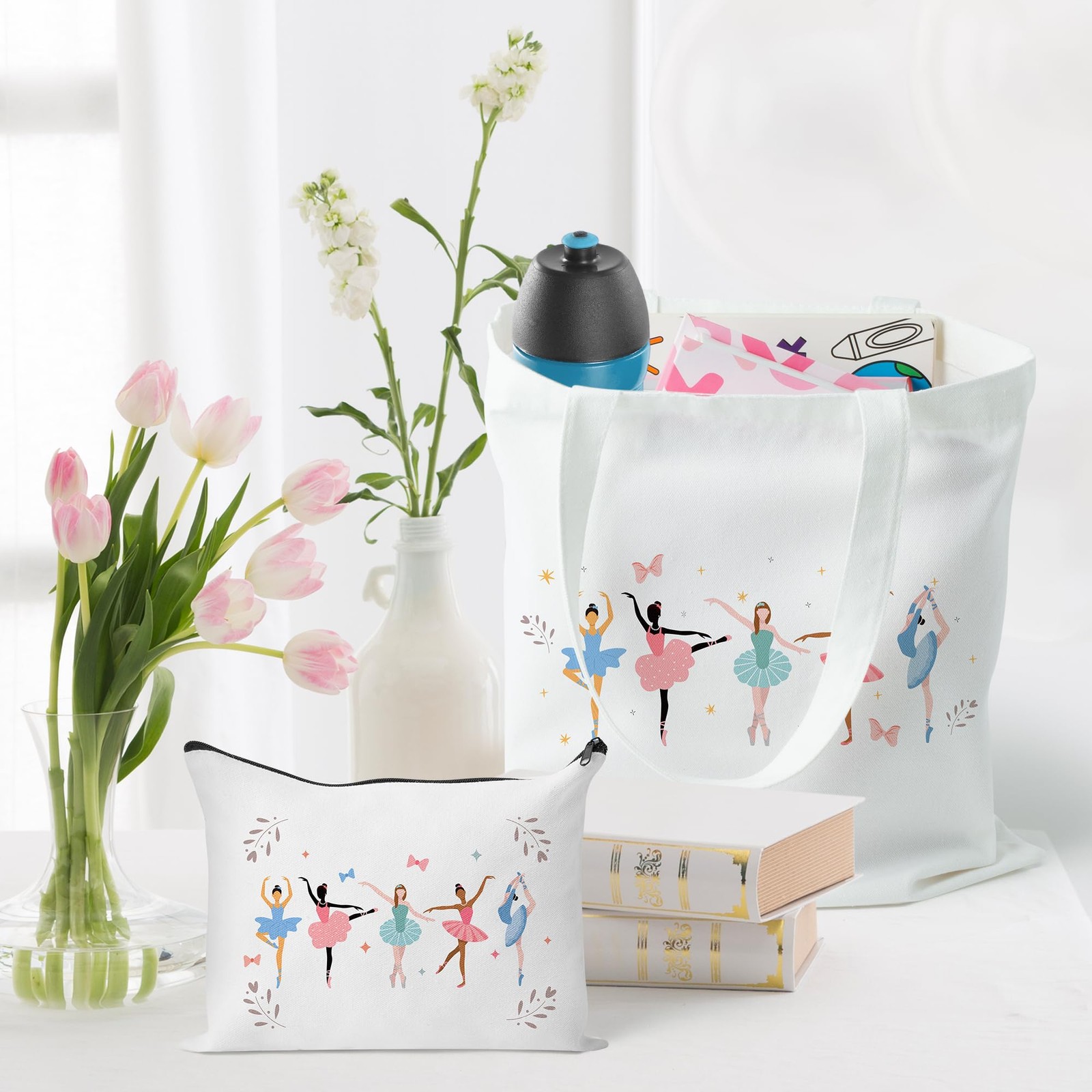 Ballerina Canvas Tote Bag – 2Pcs Ballerina Watercolor Print Makeup Bag Set, C…