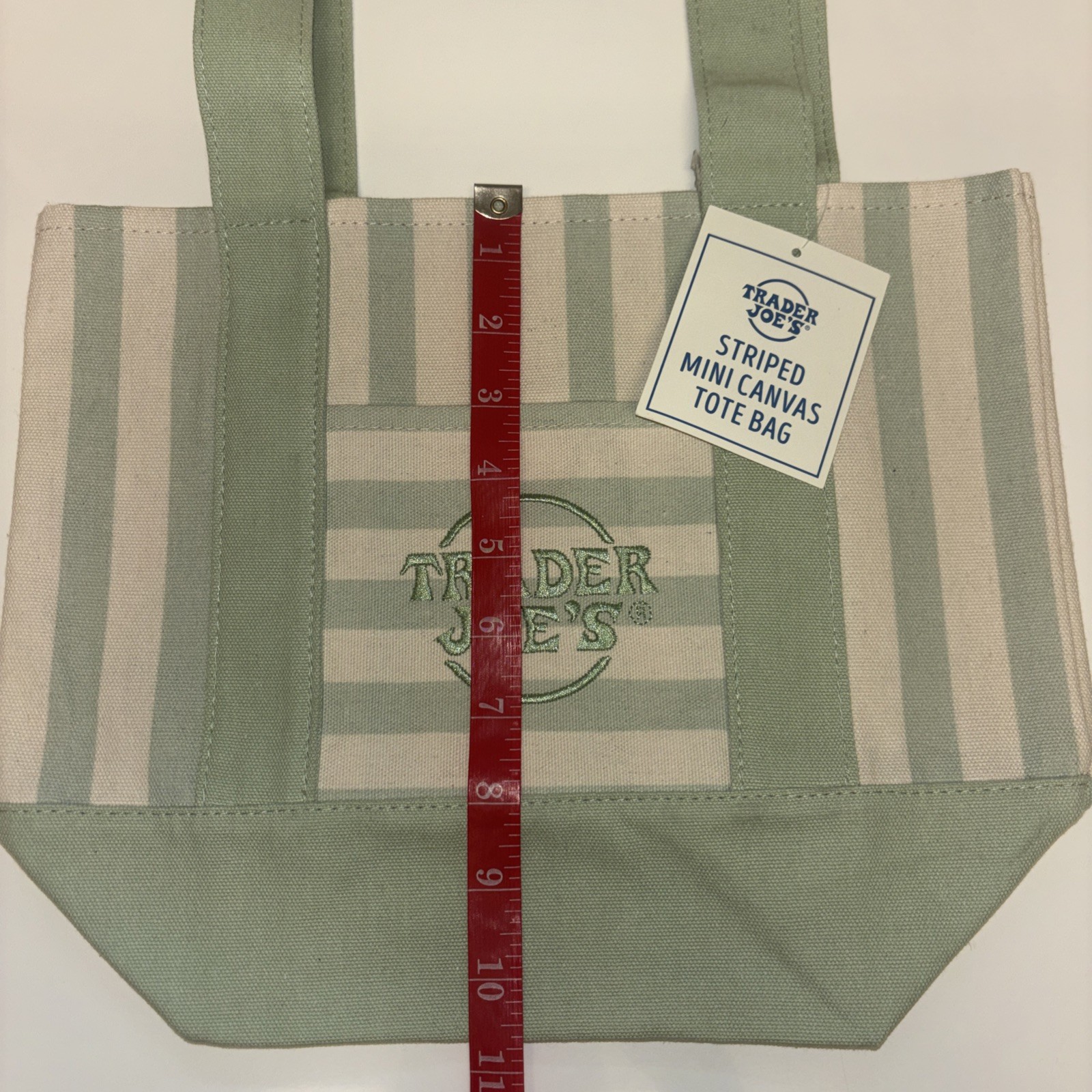 Trader Joe’s Mini Striped Canvas Tote Bag Green Beige Cotton Limited Edition