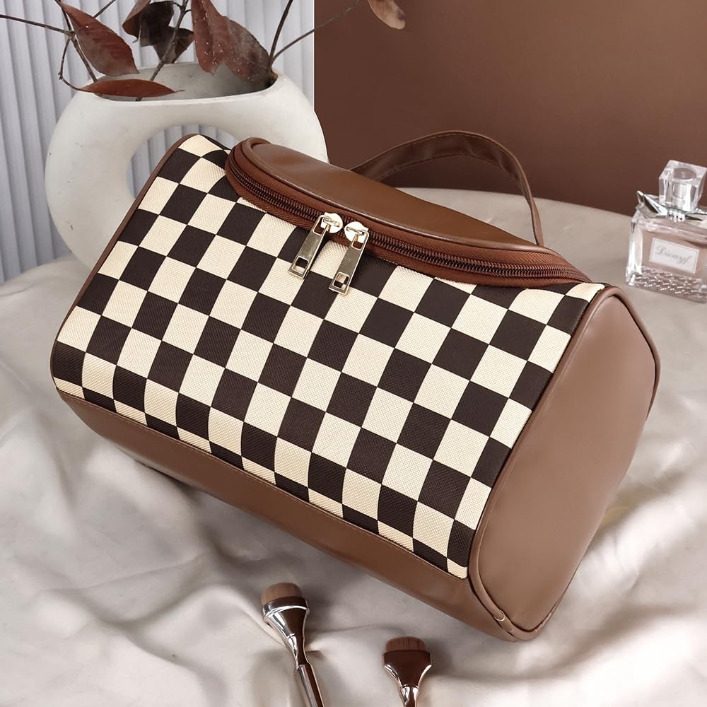 Yikisite Plaid Makeup Bag Large Capacity Travel 9.25 x 6 x 12.5 inches, Brown